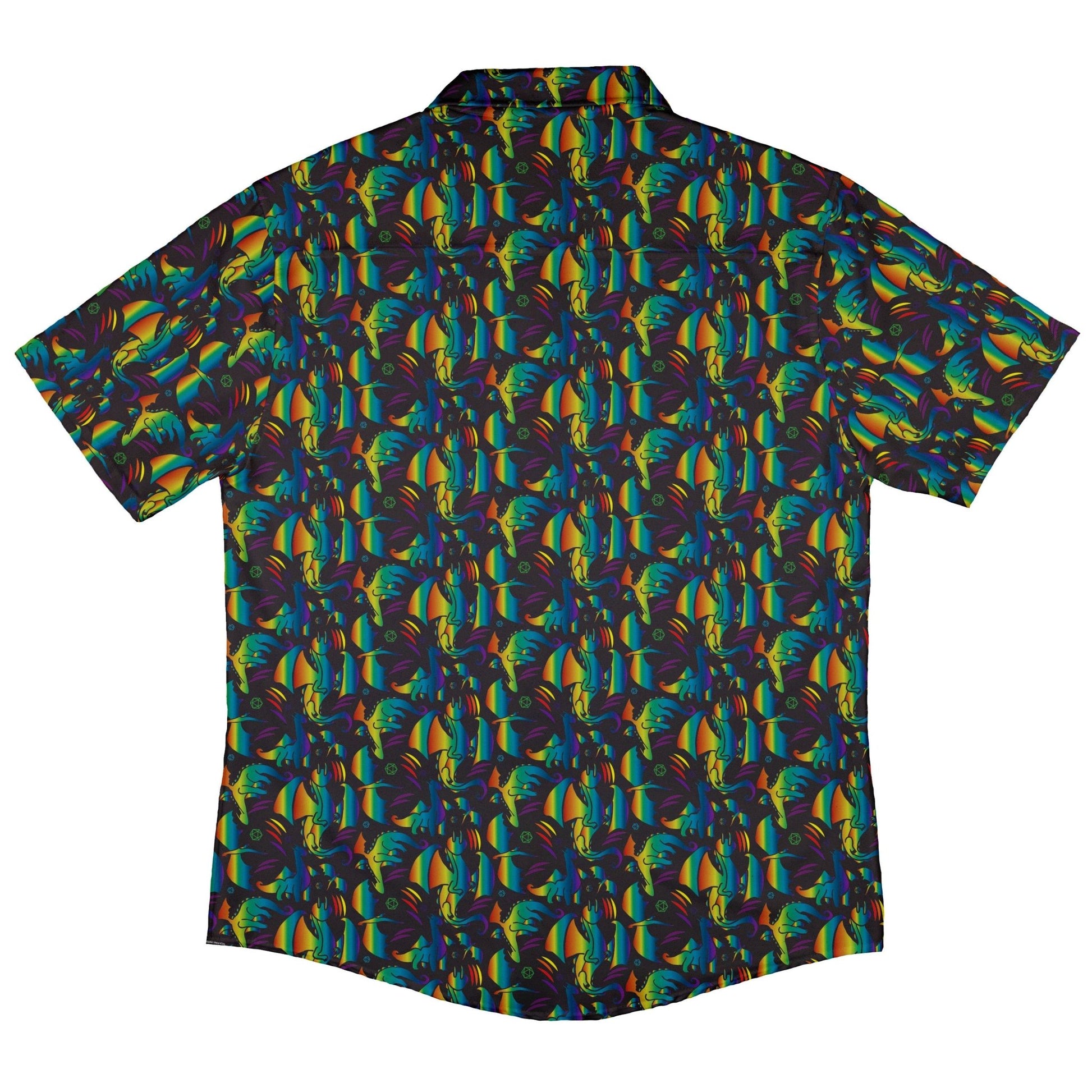 Rainbow Dragons DND Dice Black Button Up Shirt - adult sizing - Animal Patterns - Design by Heather Davenport