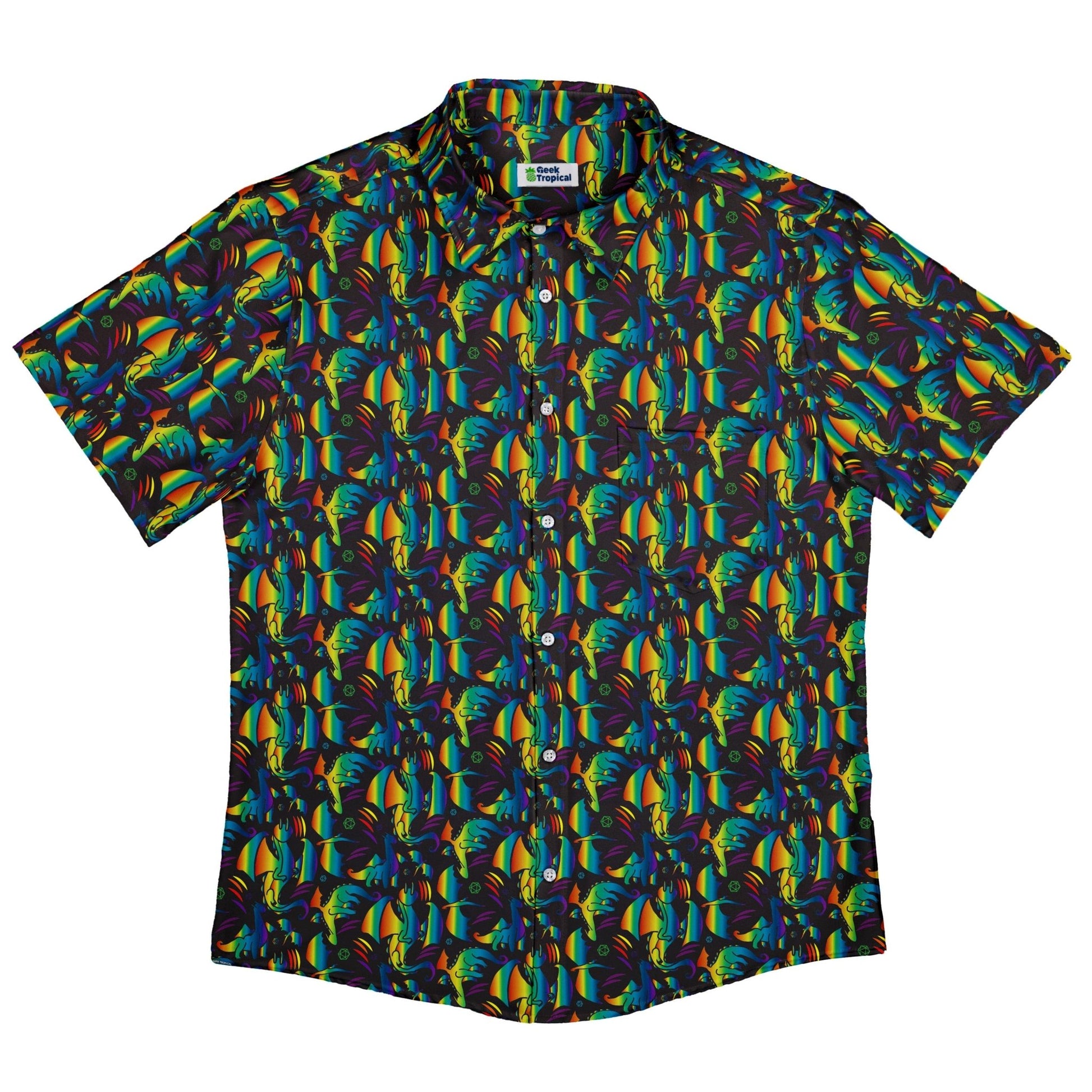 Rainbow Dragons DND Dice Black Button Up Shirt - adult sizing - Animal Patterns - Design by Heather Davenport