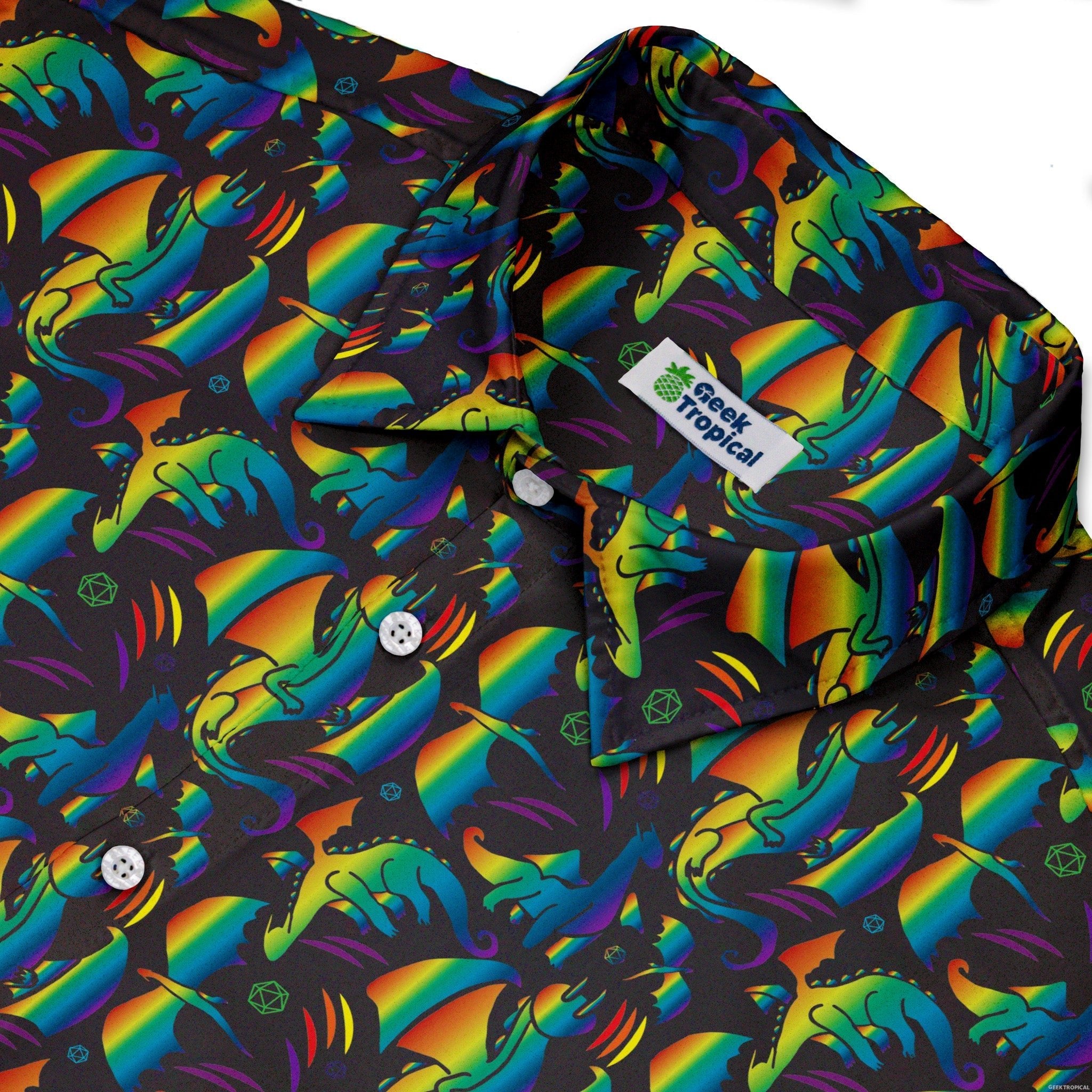 Rainbow Dragons DND Dice Black Button Up Shirt - adult sizing - Animal Patterns - Design by Heather Davenport