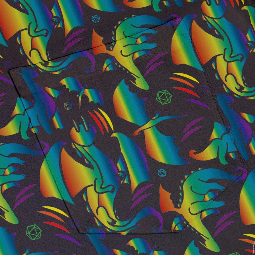 Rainbow Dragons DND Dice Black Button Up Shirt - adult sizing - Animal Patterns - Design by Heather Davenport