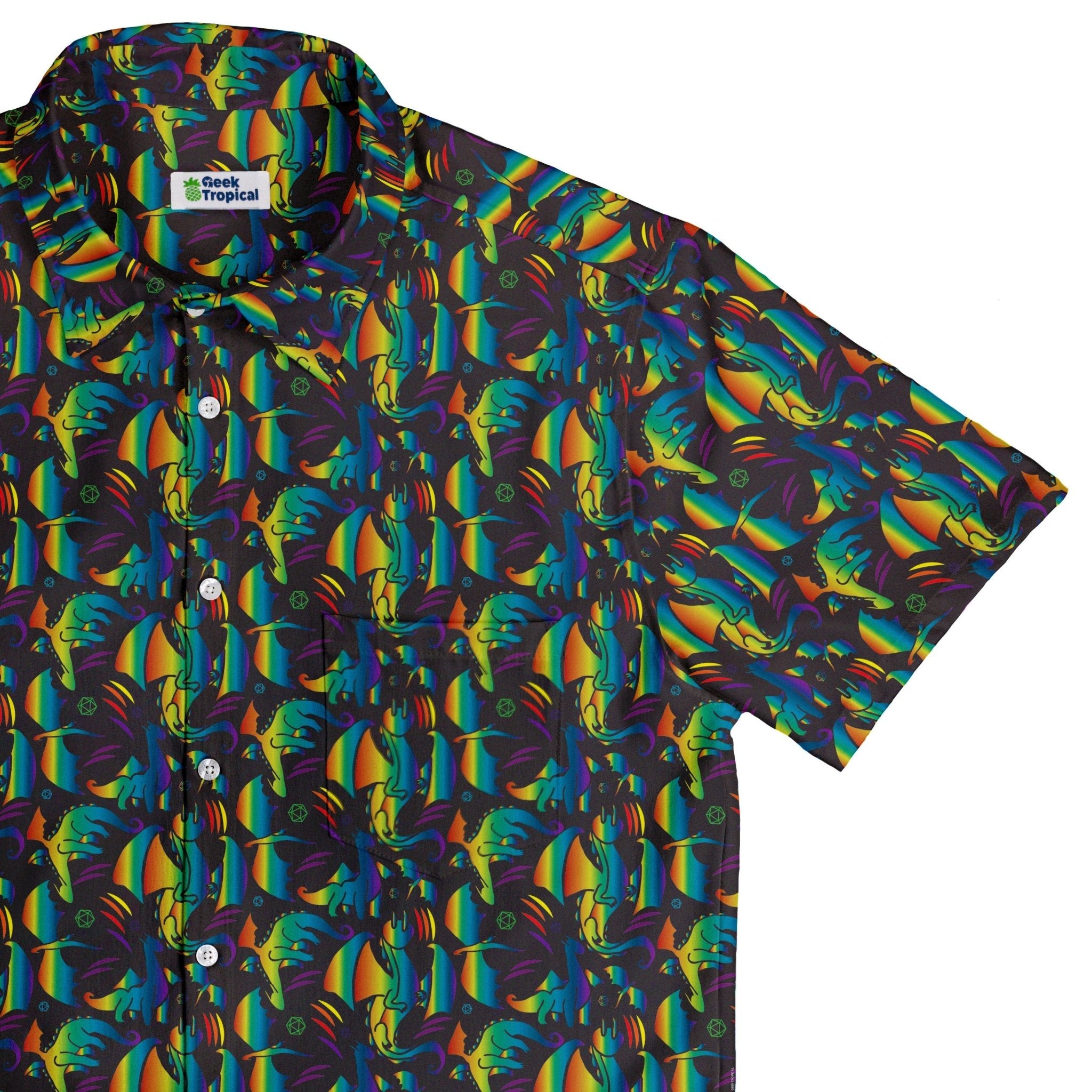 Rainbow Dragons DND Dice Black Button Up Shirt - adult sizing - Animal Patterns - Design by Heather Davenport