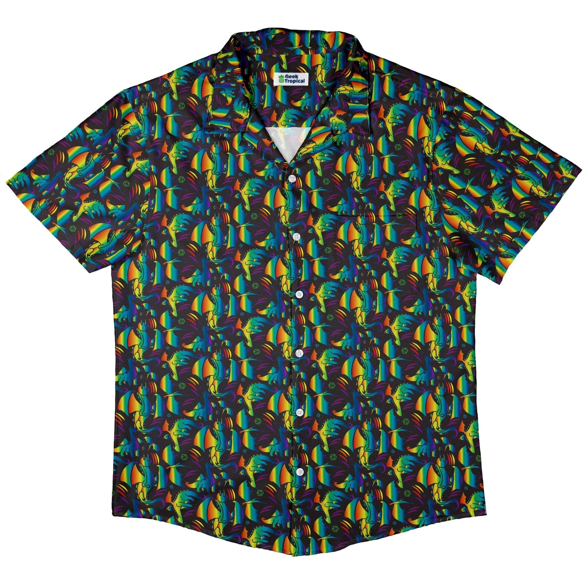 Clearance Ready - to - Ship Rainbow Dragons DND Dice Black Button Up Shirt Geek Nerd adult sizing Animal Patterns Clearance