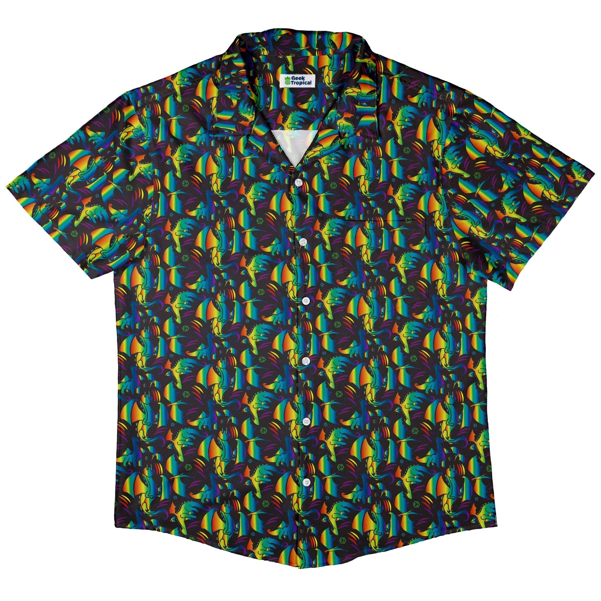 Rainbow Dragons DND Dice Black Button Up Shirt - adult sizing - Animal Patterns - Design by Heather Davenport