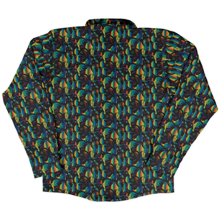 Rainbow Dragons Dnd Dice Black Long Sleeve Button Up Shirt Geek Nerd adult sizing Animal Patterns Design by Heather Davenport