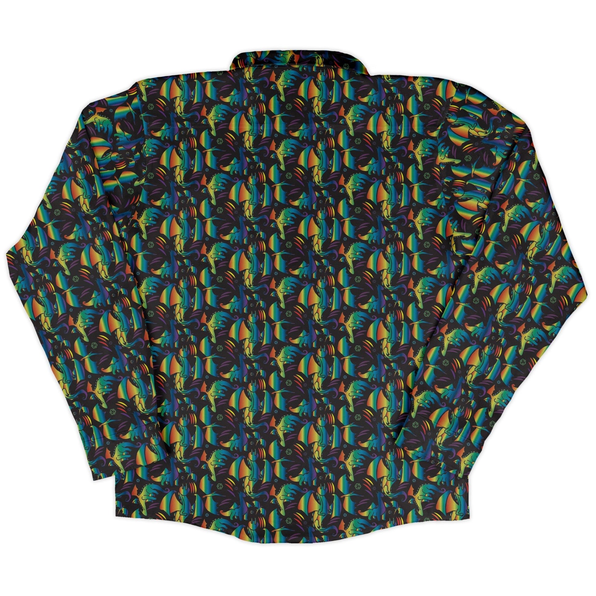 Rainbow Dragons Dnd Dice Black Long Sleeve Button Up Shirt Geek Nerd adult sizing Animal Patterns Design by Heather Davenport