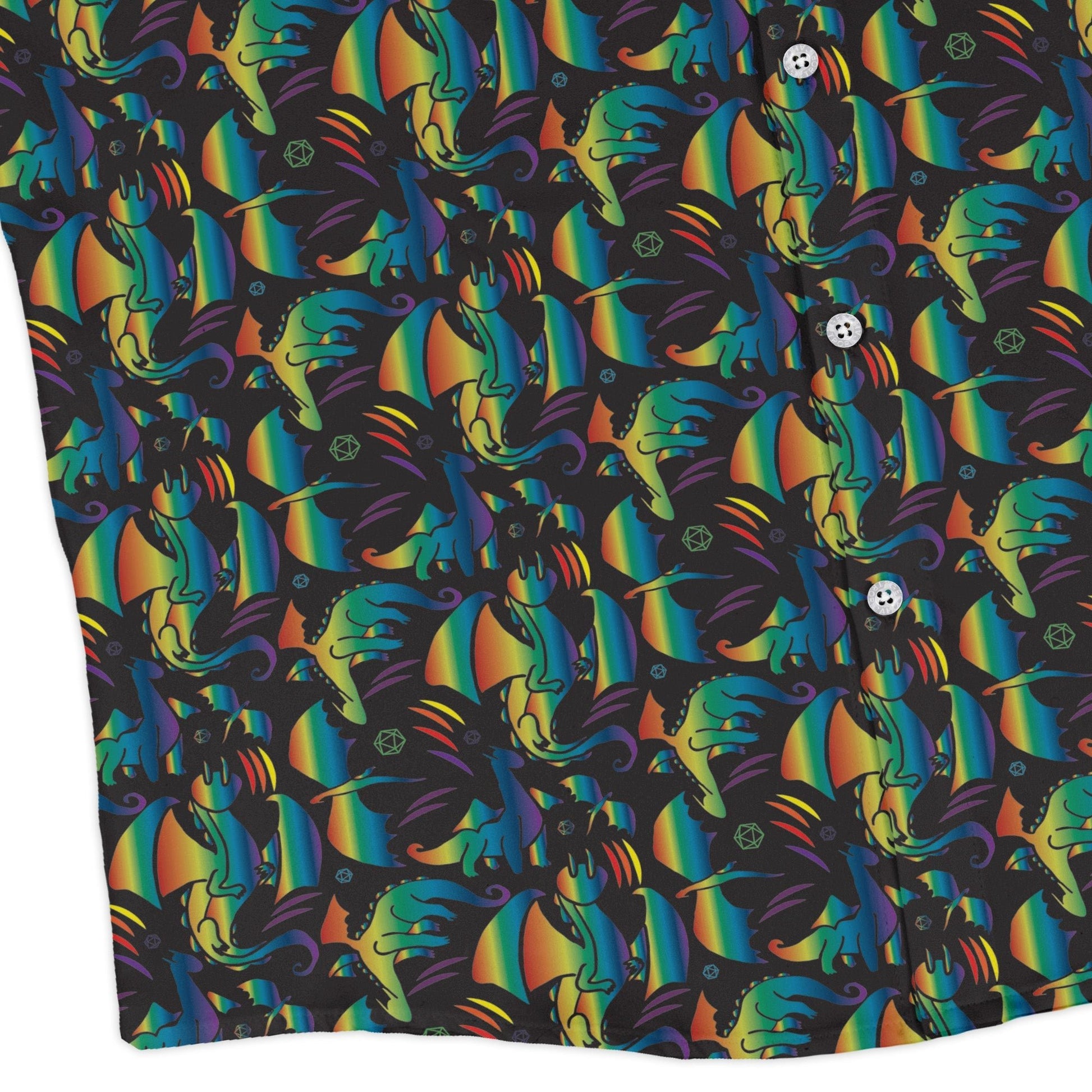 Rainbow Dragons Dnd Dice Black Long Sleeve Button Up Shirt Geek Nerd adult sizing Animal Patterns Design by Heather Davenport