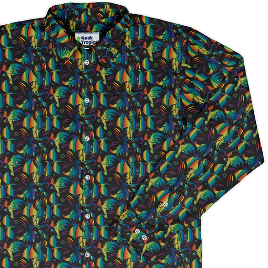 Rainbow Dragons Dnd Dice Black Long Sleeve Button Up Shirt Geek Nerd adult sizing Animal Patterns Design by Heather Davenport