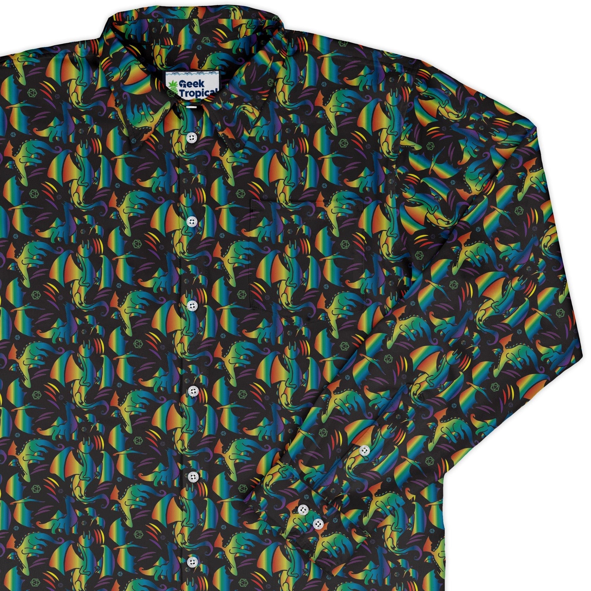 Rainbow Dragons Dnd Dice Black Long Sleeve Button Up Shirt Geek Nerd adult sizing Animal Patterns Design by Heather Davenport