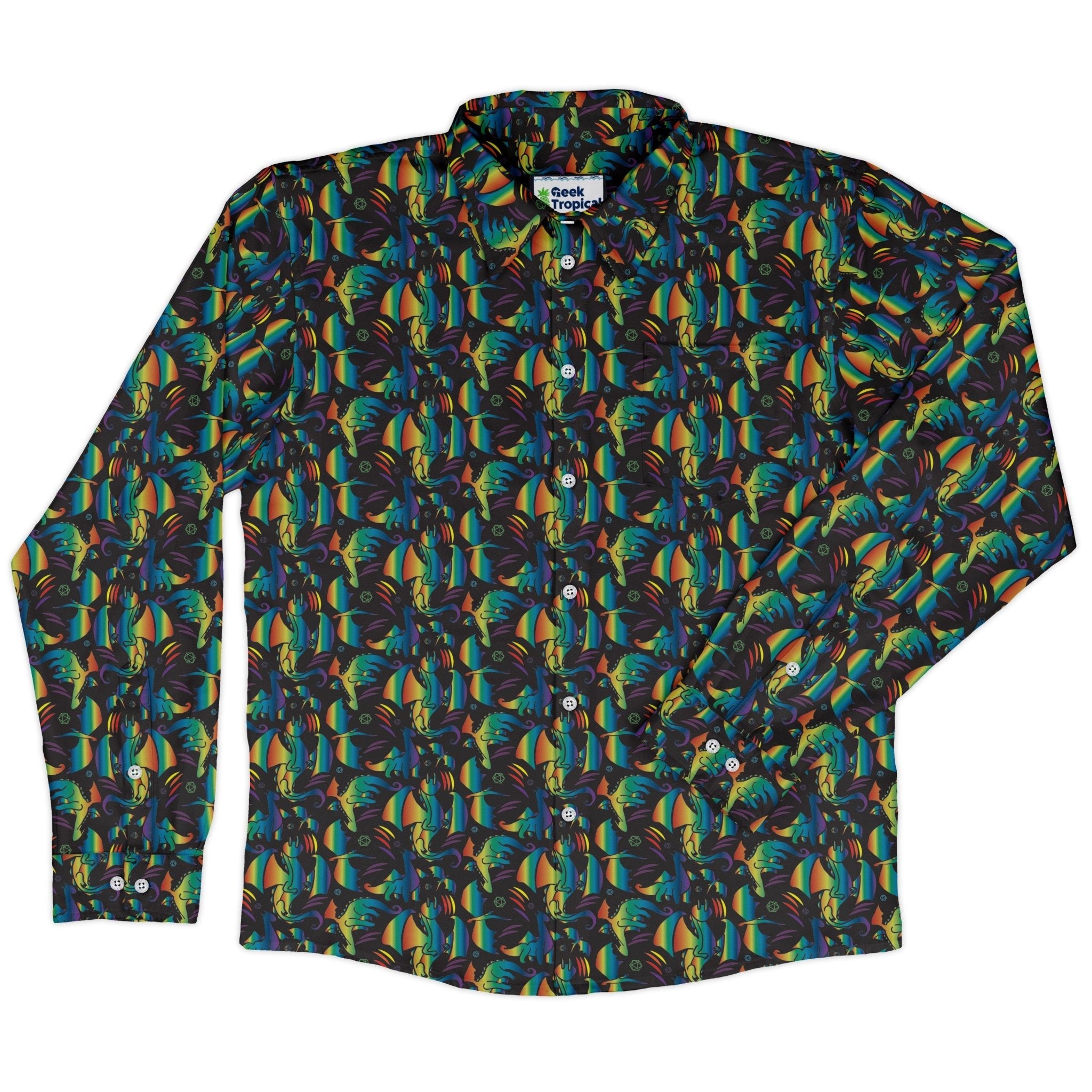 Rainbow Dragons Dnd Dice Black Long Sleeve Button Up Shirt Geek Nerd adult sizing Animal Patterns Design by Heather Davenport