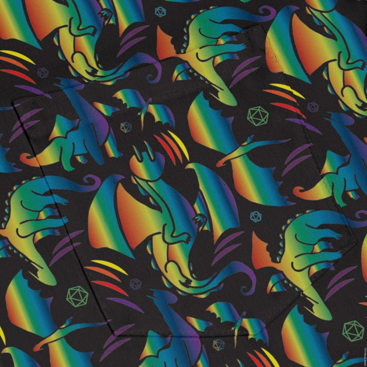 Rainbow Dragons Dnd Dice Black Long Sleeve Button Up Shirt Geek Nerd adult sizing Animal Patterns Design by Heather Davenport