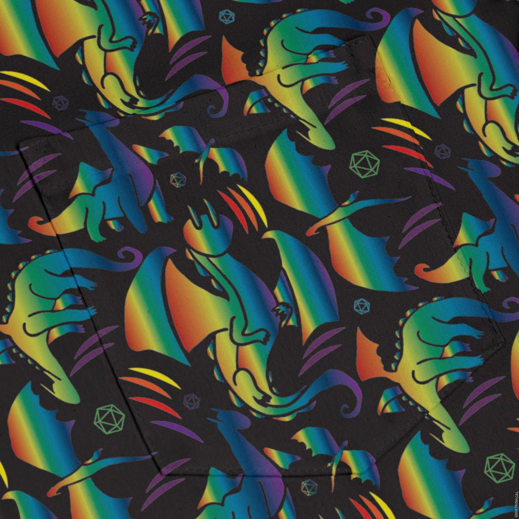 Rainbow Dragons Dnd Dice Black Long Sleeve Button Up Shirt Geek Nerd adult sizing Animal Patterns Design by Heather Davenport