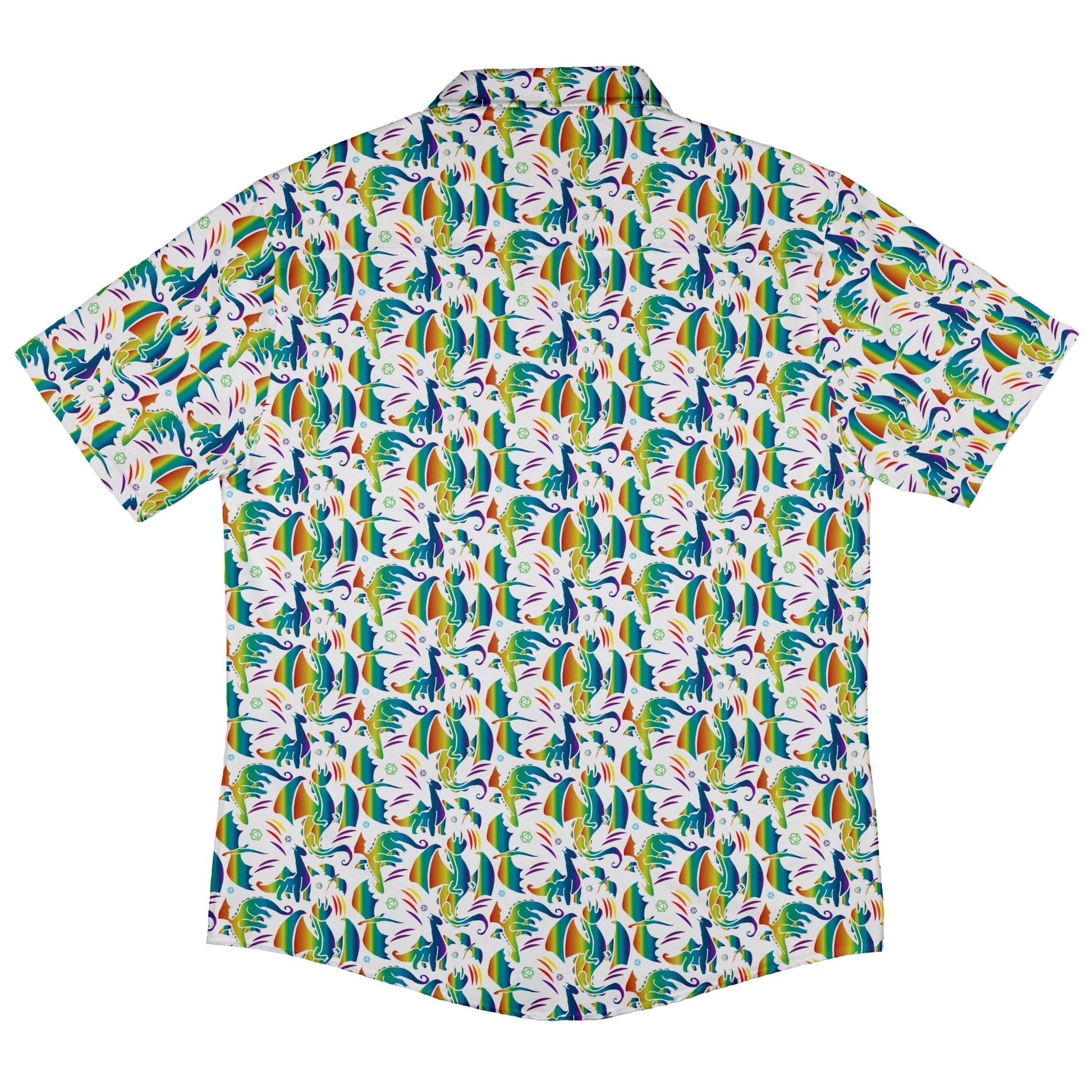 Rainbow Dragons DND Dice White Button Up Shirt - adult sizing - Animal Patterns - Design by Heather Davenport