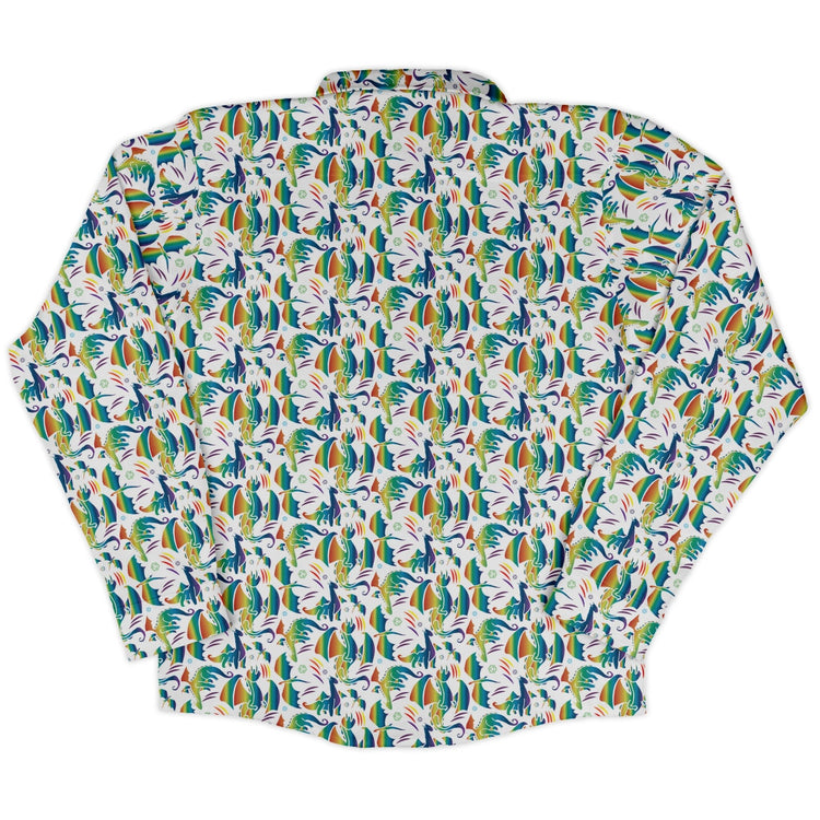 Rainbow Dragons Dnd Dice White Long Sleeve Button Up Shirt Geek Nerd adult sizing Animal Patterns Design by Heather Davenport