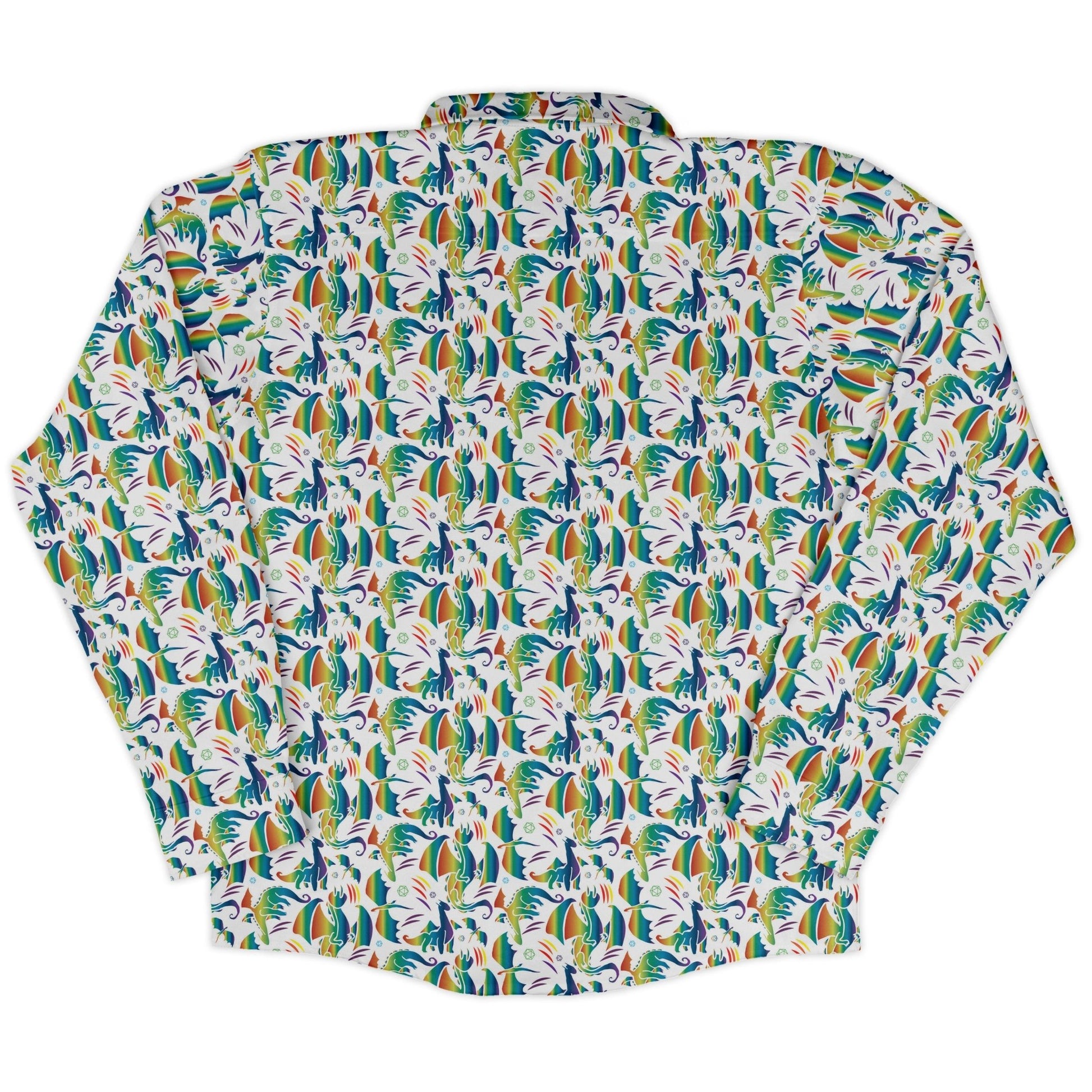 Rainbow Dragons Dnd Dice White Long Sleeve Button Up Shirt Geek Nerd adult sizing Animal Patterns Design by Heather Davenport