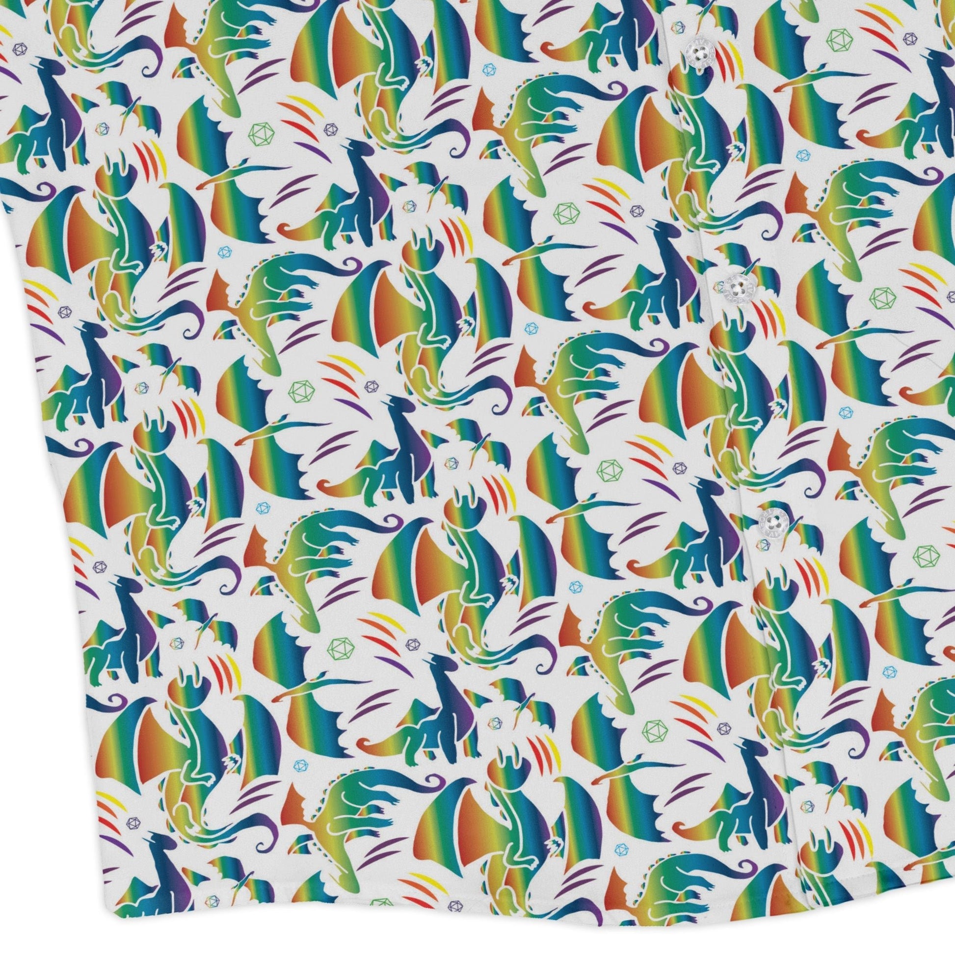 Rainbow Dragons Dnd Dice White Long Sleeve Button Up Shirt Geek Nerd adult sizing Animal Patterns Design by Heather Davenport