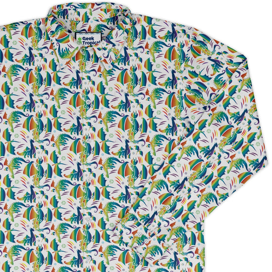 Rainbow Dragons Dnd Dice White Long Sleeve Button Up Shirt Geek Nerd adult sizing Animal Patterns Design by Heather Davenport