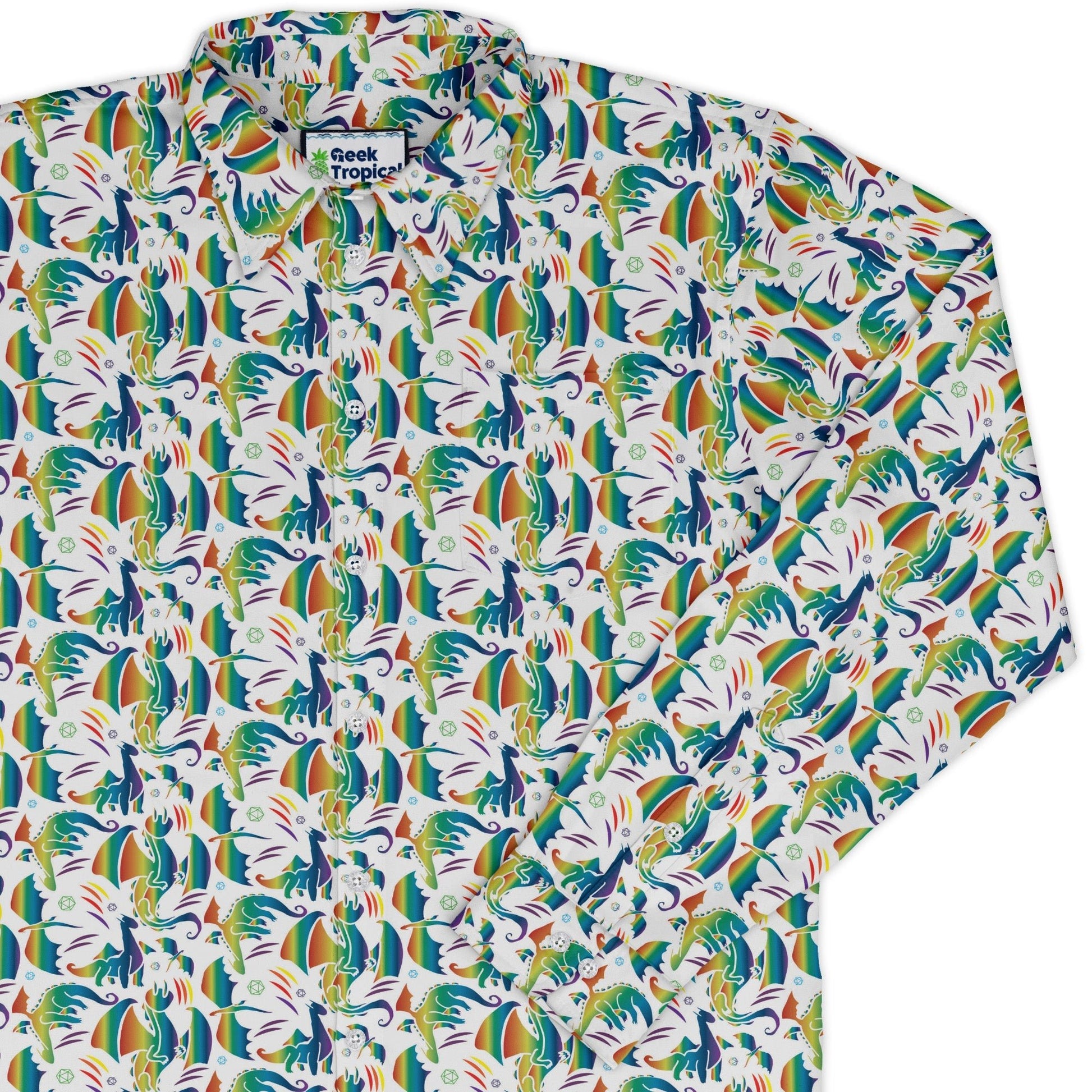 Rainbow Dragons Dnd Dice White Long Sleeve Button Up Shirt Geek Nerd adult sizing Animal Patterns Design by Heather Davenport