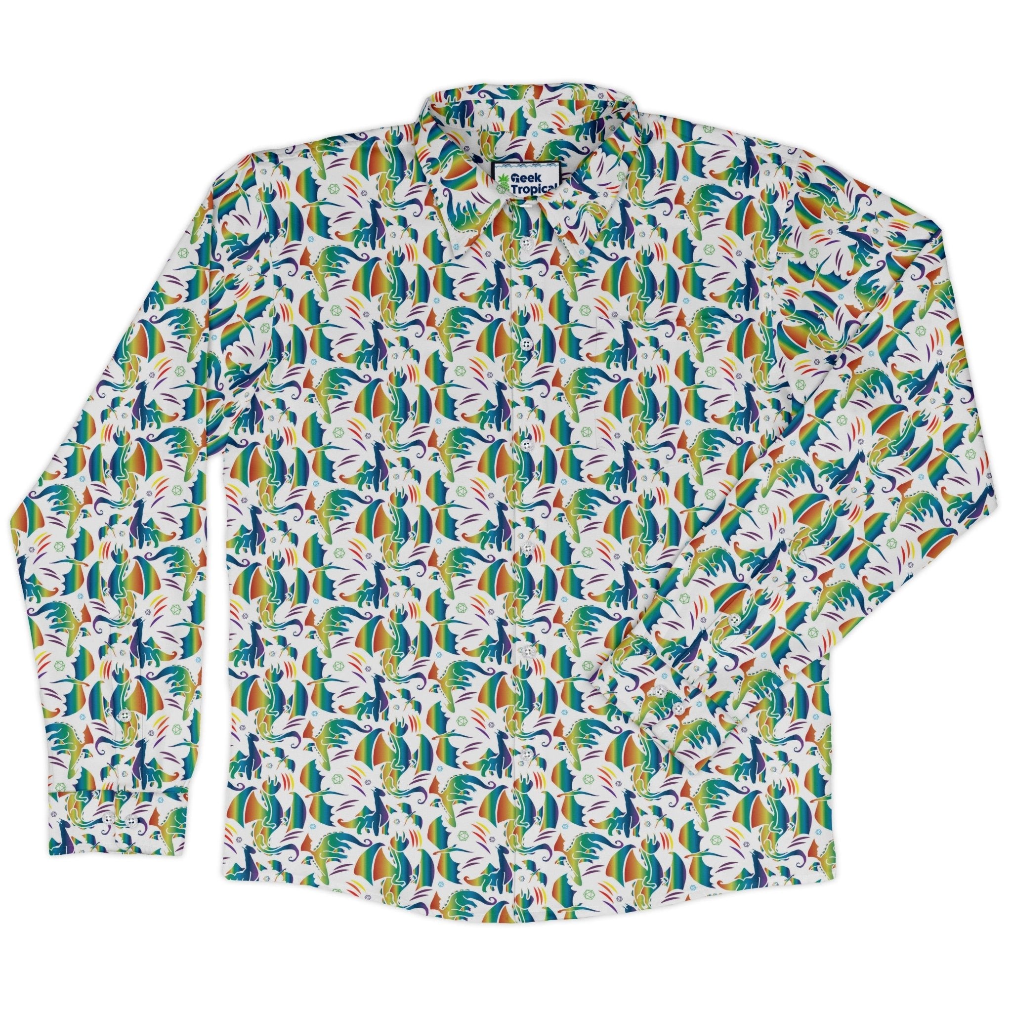 Rainbow Dragons Dnd Dice White Long Sleeve Button Up Shirt Geek Nerd adult sizing Animal Patterns Design by Heather Davenport