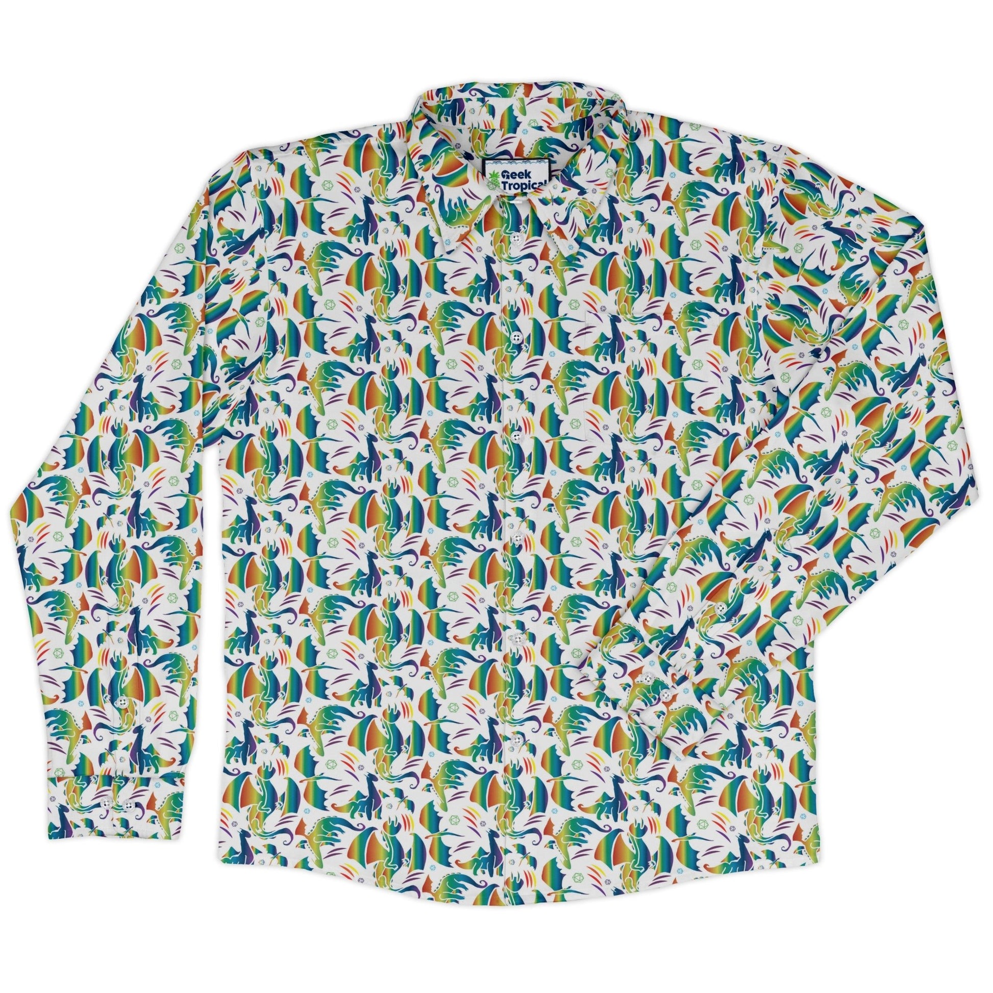 Rainbow Dragons Dnd Dice White Long Sleeve Button Up Shirt Geek Nerd adult sizing Animal Patterns Design by Heather Davenport