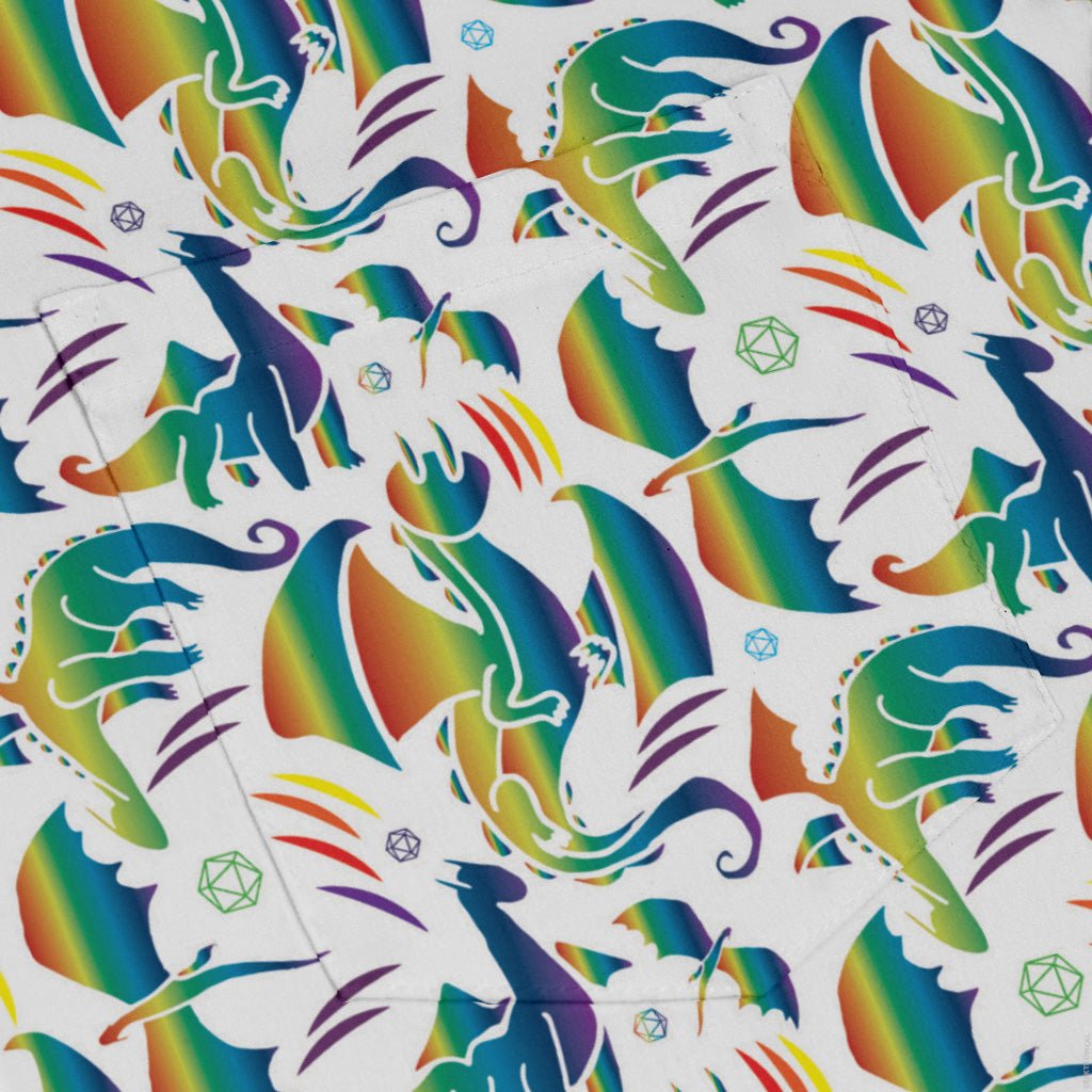 Rainbow Dragons Dnd Dice White Long Sleeve Button Up Shirt Geek Nerd adult sizing Animal Patterns Design by Heather Davenport