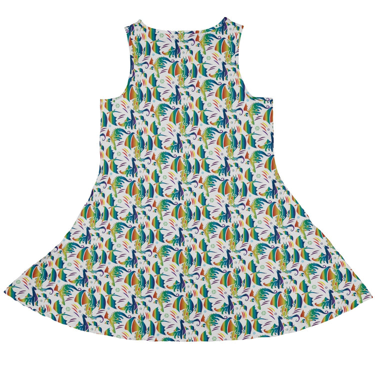 Rainbow Dragons Dnd Dice White Dress Geek Nerd Animal Patterns Design by Heather Davenport dnd & rpg print