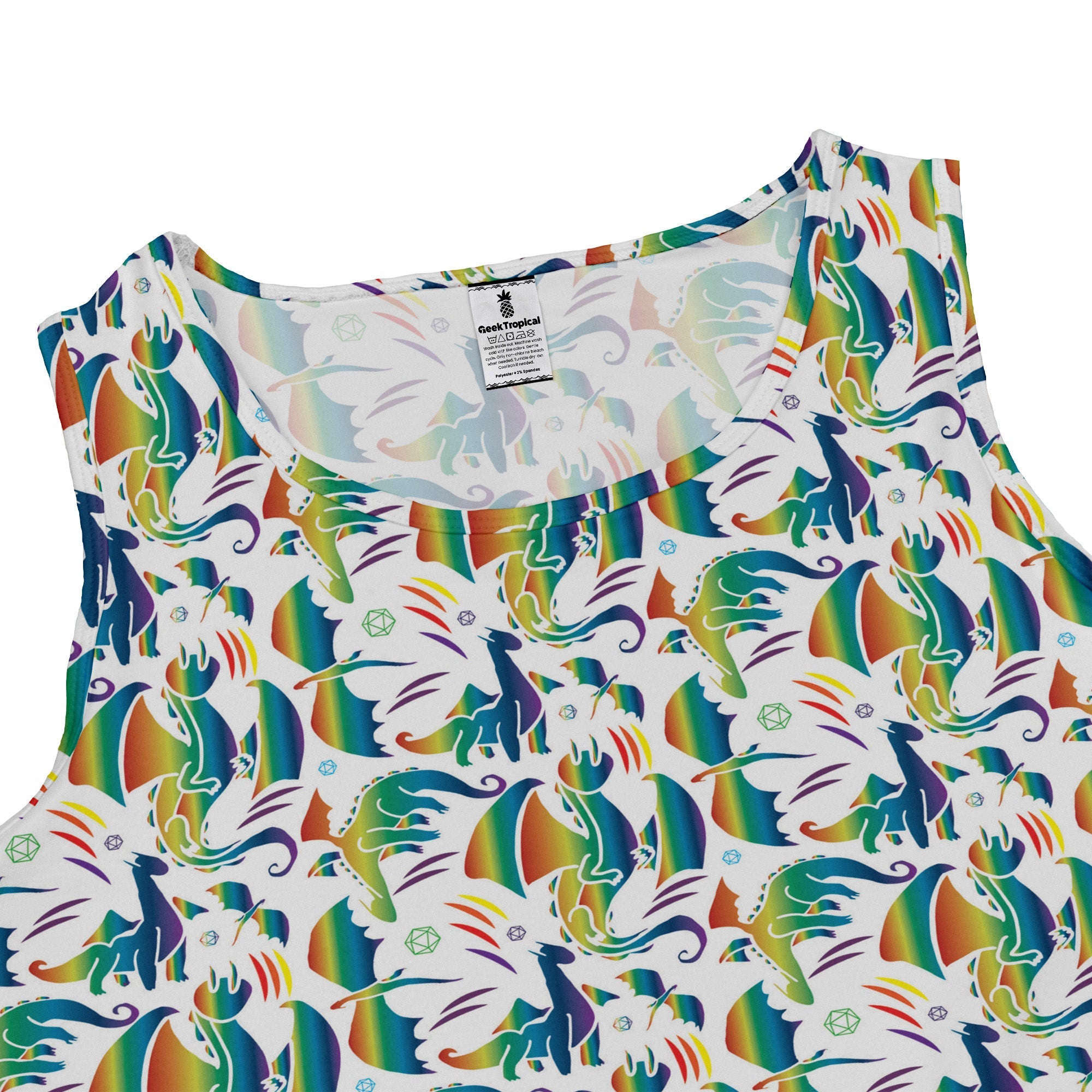 Rainbow Dragons Dnd Dice White Dress Geek Nerd Animal Patterns Design by Heather Davenport dnd & rpg print