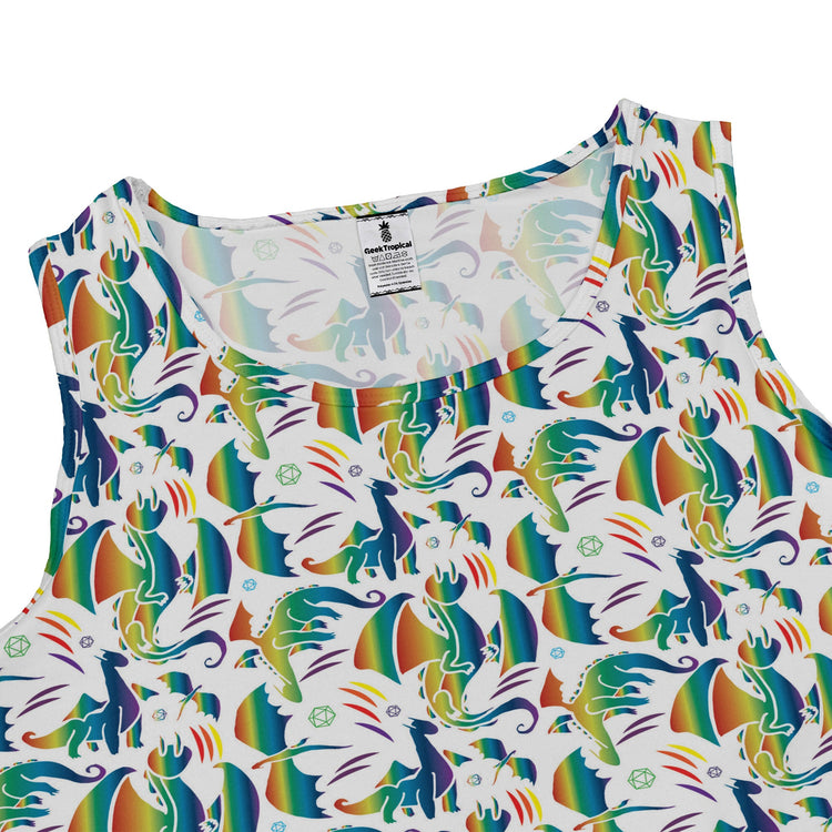 Rainbow Dragons Dnd Dice White Dress Geek Nerd Animal Patterns Design by Heather Davenport dnd & rpg print