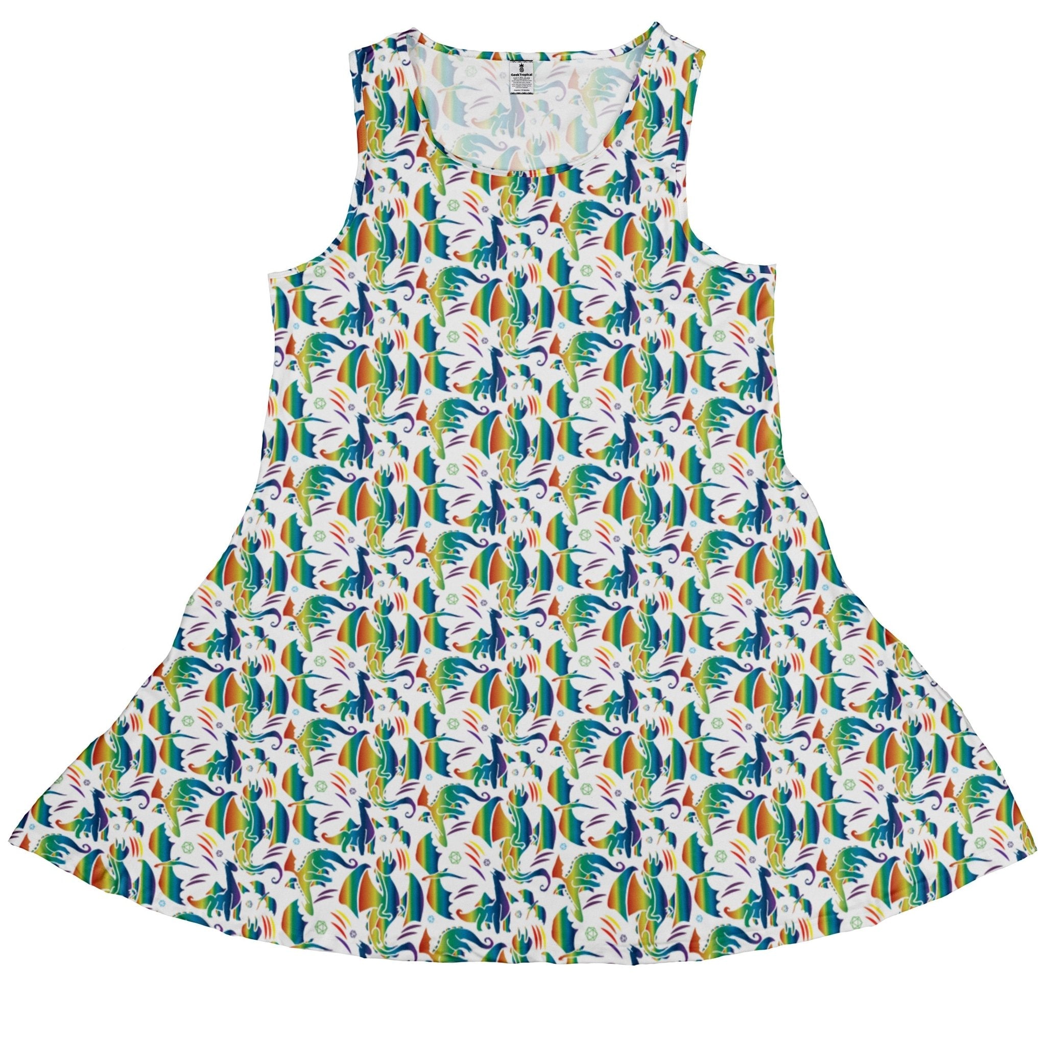 Rainbow Dragons Dnd Dice White Dress Geek Nerd Animal Patterns Design by Heather Davenport dnd & rpg print