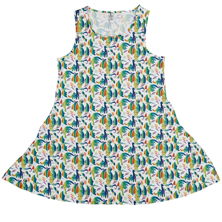 Rainbow Dragons Dnd Dice White Dress Geek Nerd Animal Patterns Design by Heather Davenport dnd & rpg print