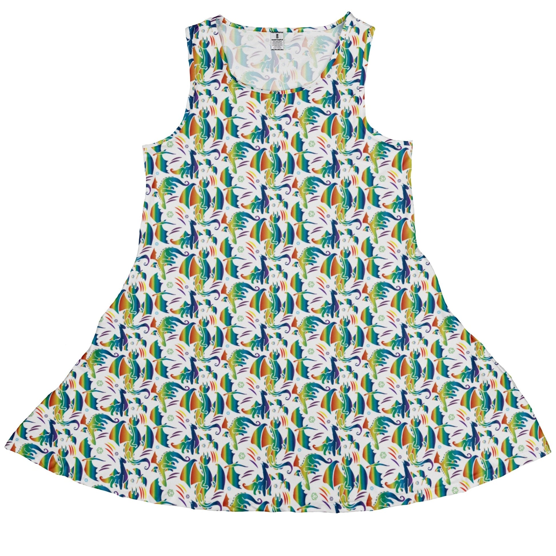 Rainbow Dragons Dnd Dice White Dress Geek Nerd Animal Patterns Design by Heather Davenport dnd & rpg print