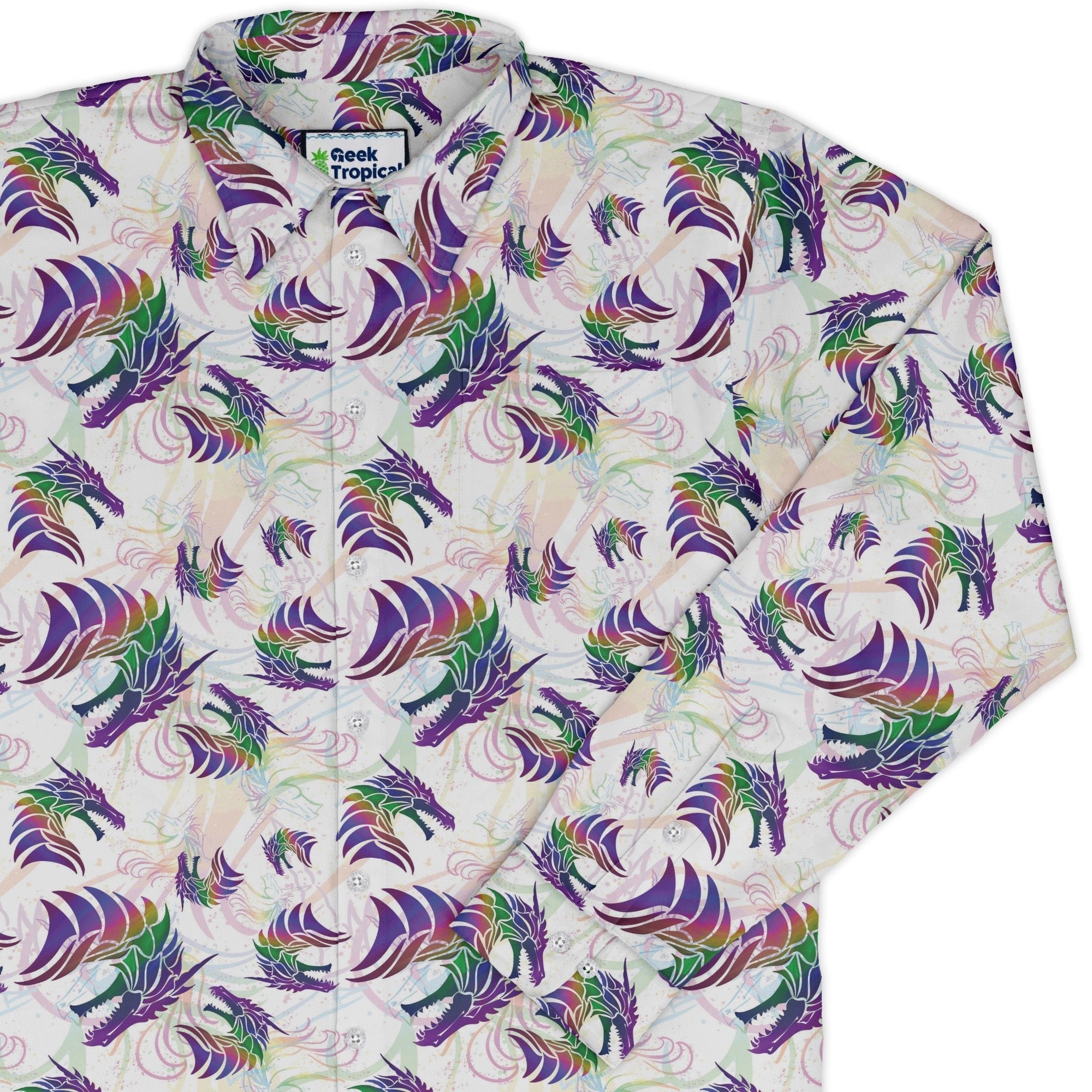 Rainbow Dragons and Unicorns Long Sleeve Button Up Shirt Geek Nerd adult sizing Animal Patterns Designed by Rose Khan