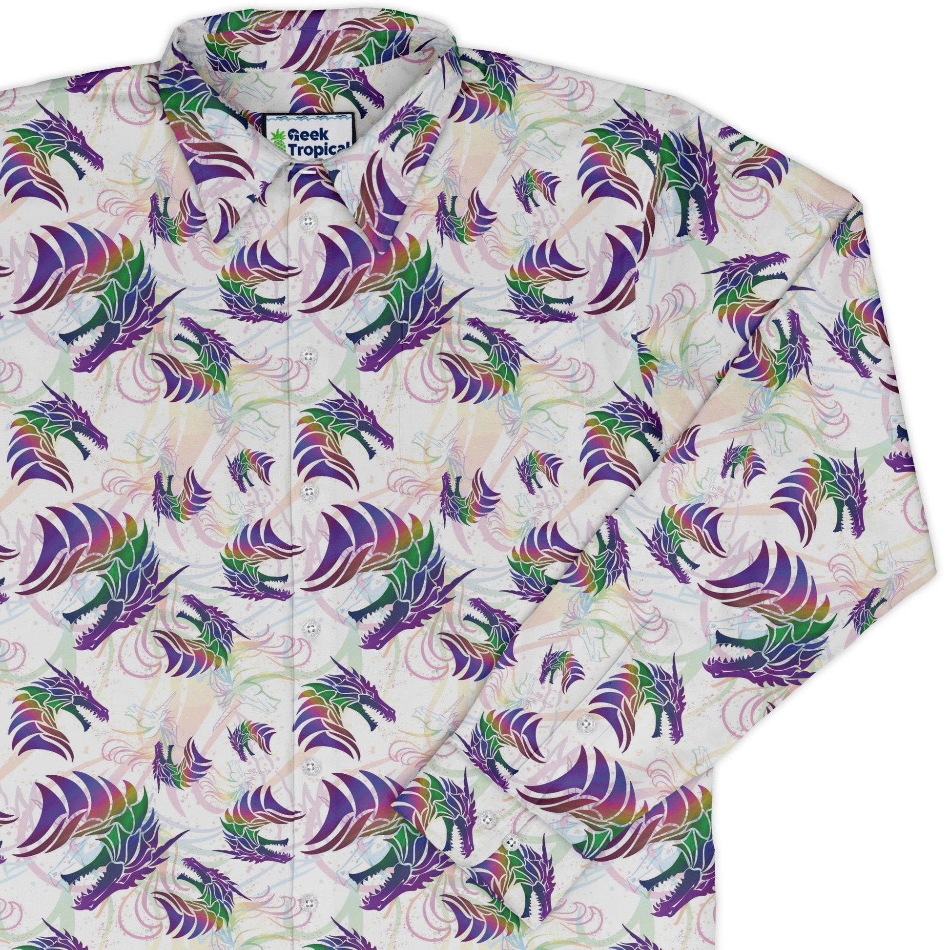Rainbow Dragons and Unicorns Long Sleeve Button Up Shirt Geek Nerd adult sizing Animal Patterns Designed by Rose Khan