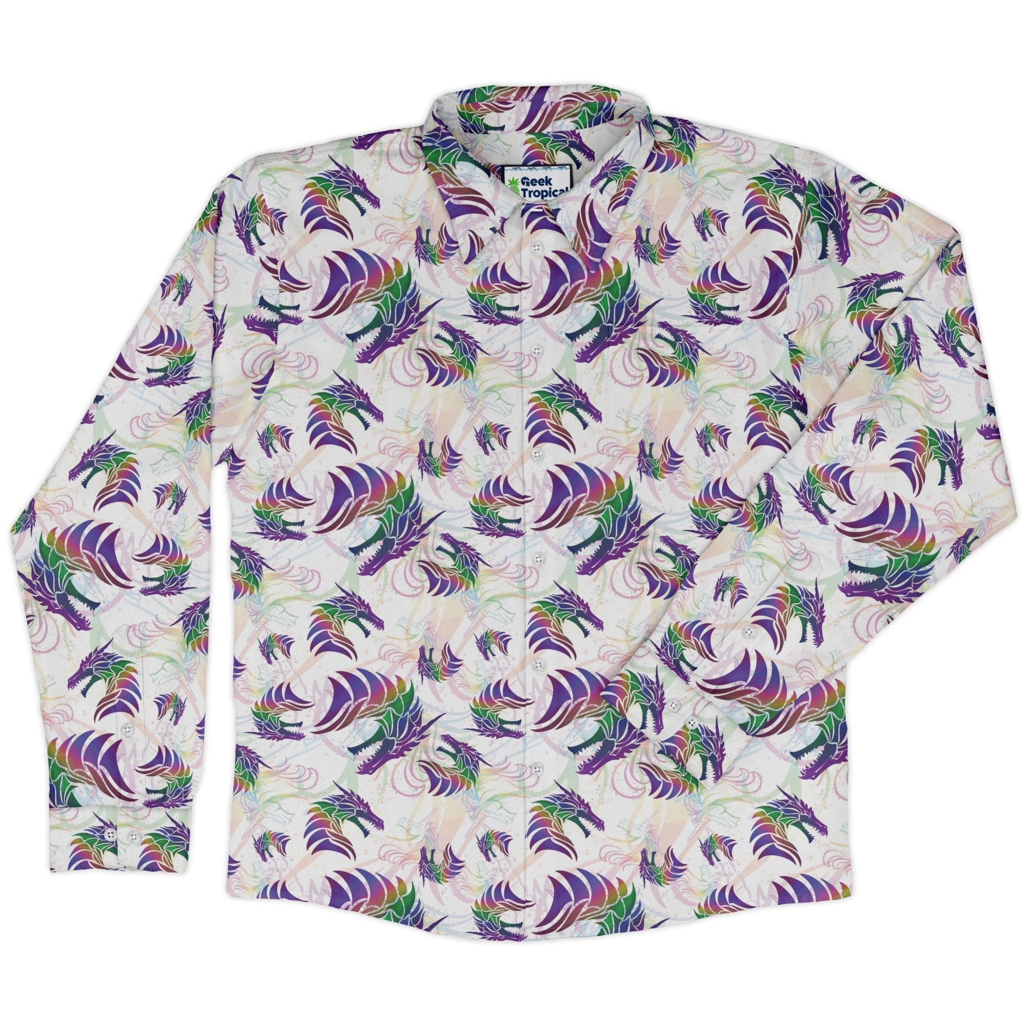 Rainbow Dragons and Unicorns Long Sleeve Button Up Shirt Geek Nerd adult sizing Animal Patterns Designed by Rose Khan
