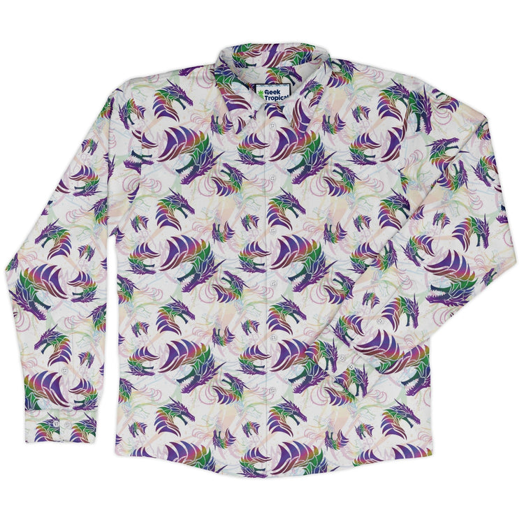 Rainbow Dragons and Unicorns Long Sleeve Button Up Shirt Geek Nerd adult sizing Animal Patterns Designed by Rose Khan