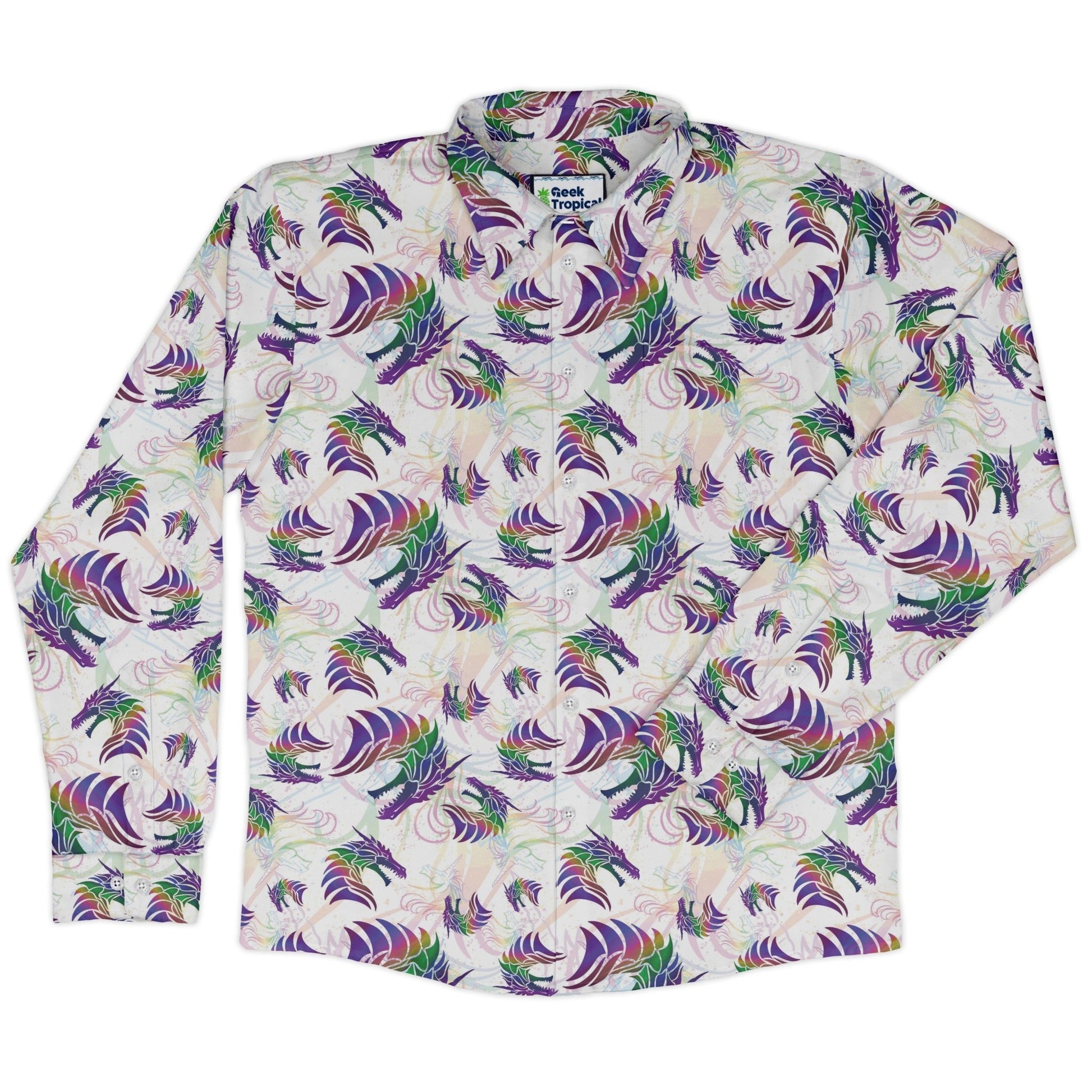 Rainbow Dragons and Unicorns Long Sleeve Button Up Shirt Geek Nerd adult sizing Animal Patterns Designed by Rose Khan