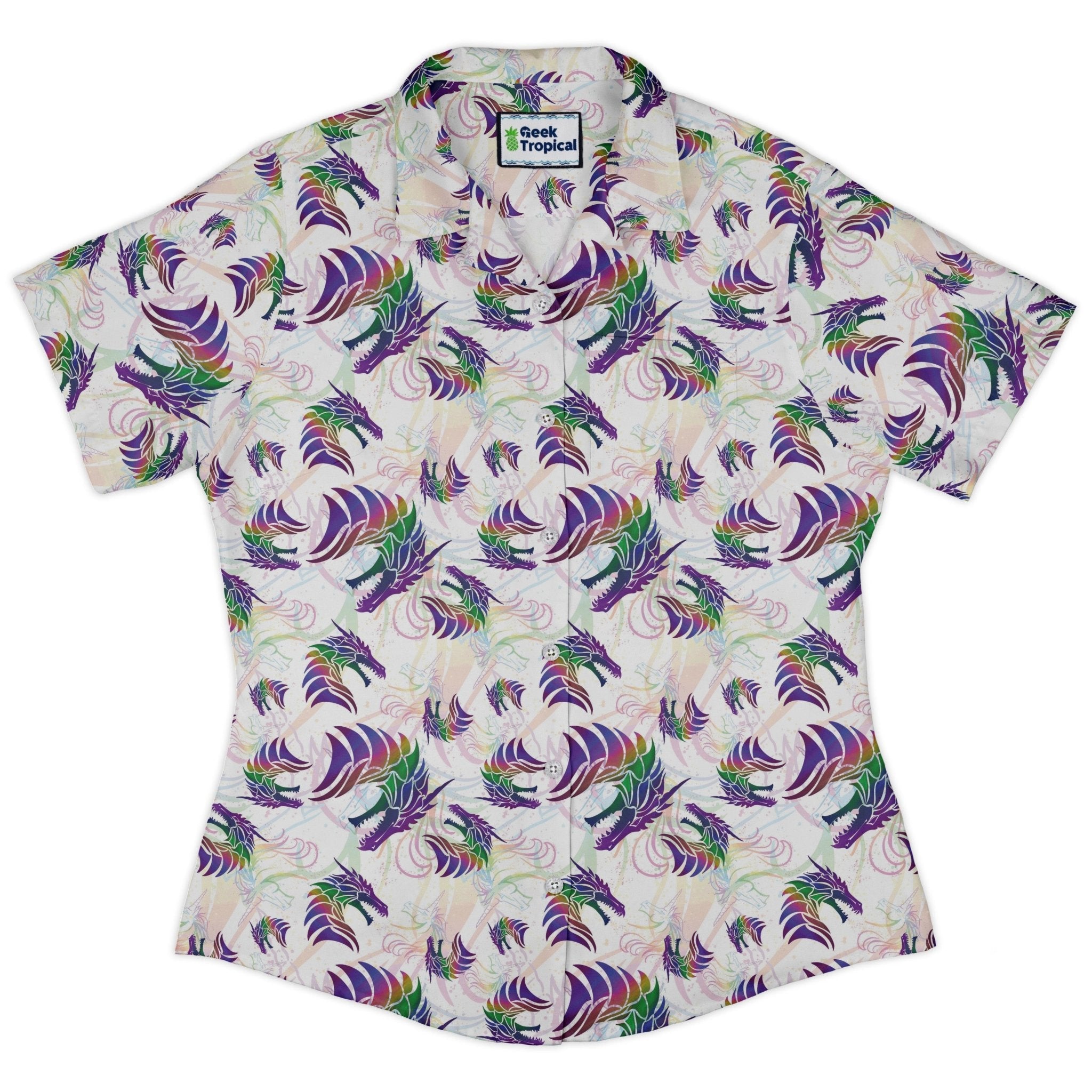 Rainbow Dragons and Unicorns Curvy Button Up Shirt Geek Nerd Animal Patterns Designed by Rose Khan Fantasy Prints