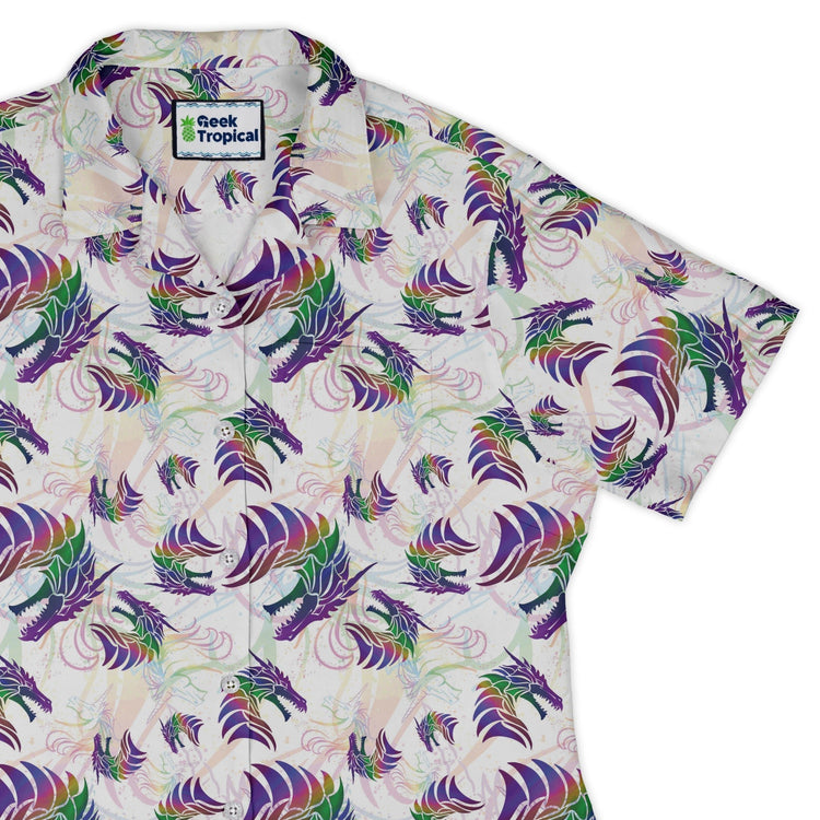 Rainbow Dragons and Unicorns Curvy Button Up Shirt Geek Nerd Animal Patterns Designed by Rose Khan Fantasy Prints