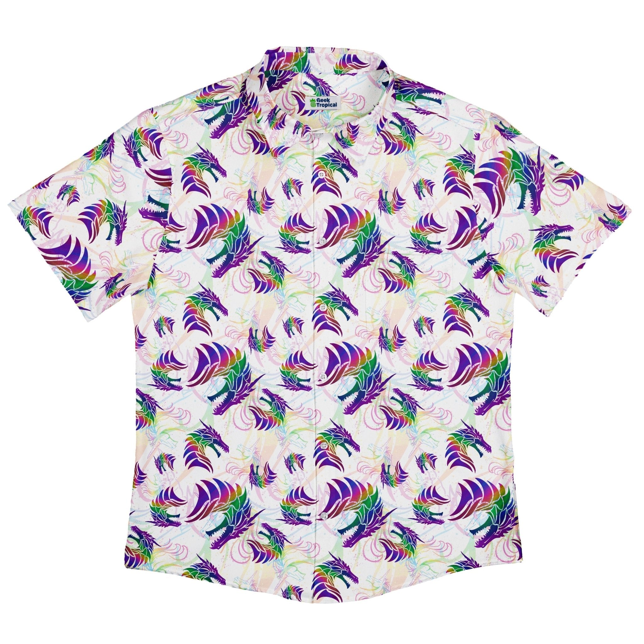 Rainbow Dragons and Unicorns Button Up Shirt - adult sizing - Animal Patterns - Designed by Rose Khan