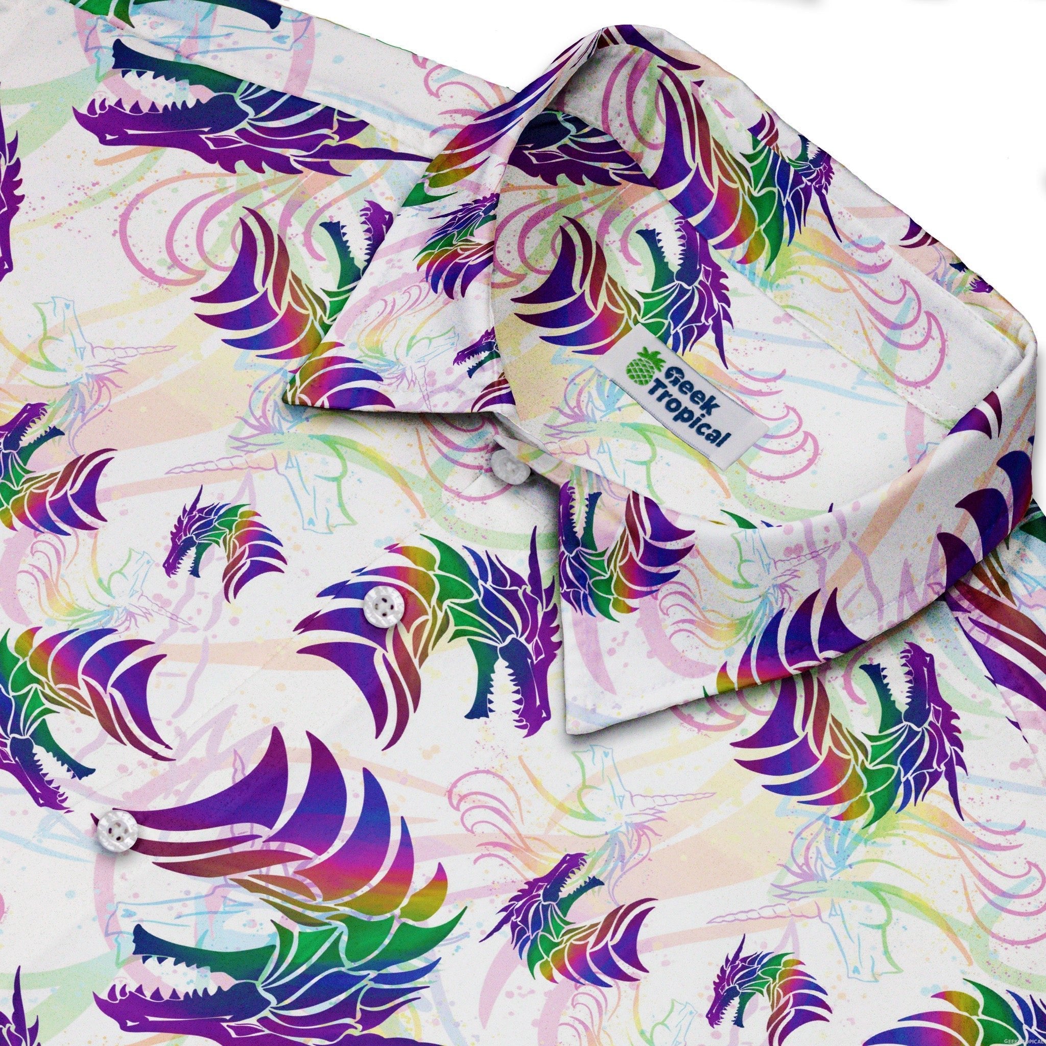 Rainbow Dragons and Unicorns Button Up Shirt - adult sizing - Animal Patterns - Designed by Rose Khan