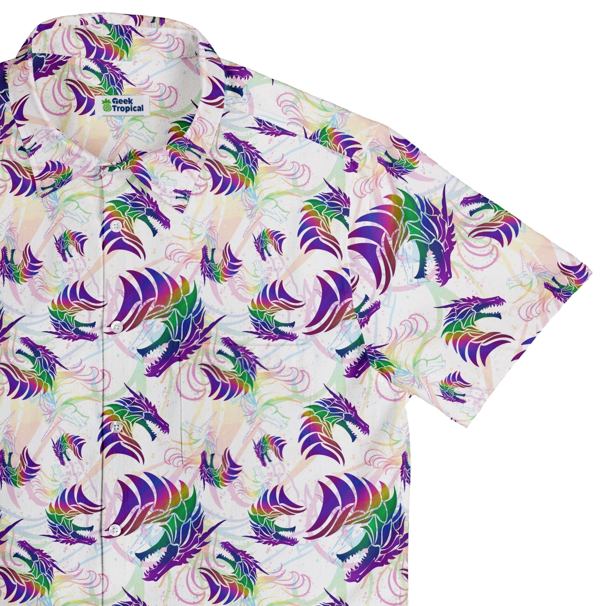 Rainbow Dragons and Unicorns Button Up Shirt - adult sizing - Animal Patterns - Designed by Rose Khan