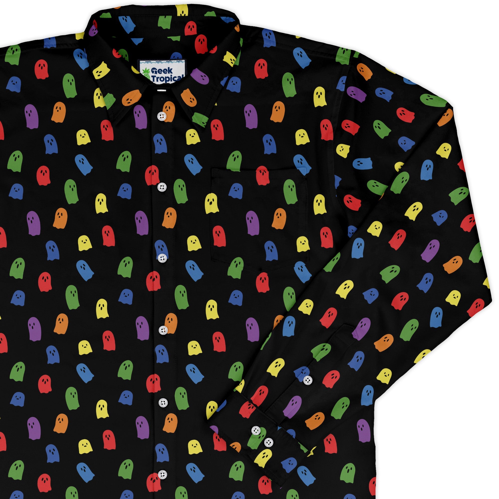 Rainbow Kawaii Ghosts Long Sleeve Button Up Shirt Geek Nerd 0925 adult sizing All Adult Button Up Shirts