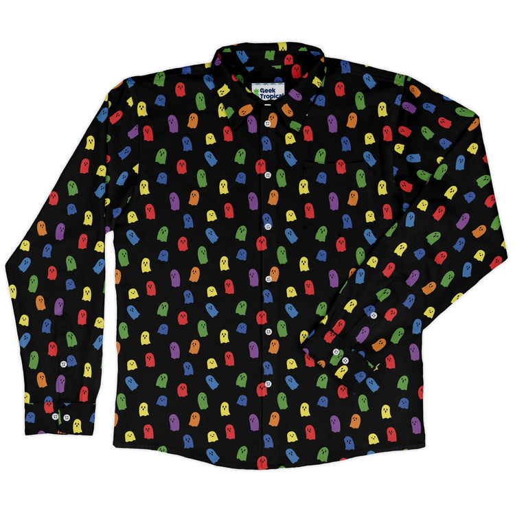 Rainbow Kawaii Ghosts Long Sleeve Button Up Shirt Geek Nerd 0925 adult sizing All Adult Button Up Shirts