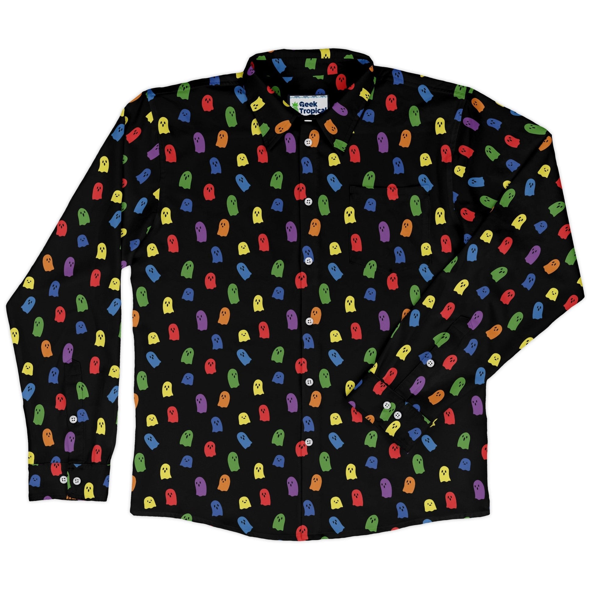 Rainbow Kawaii Ghosts Long Sleeve Button Up Shirt Geek Nerd 0925 adult sizing All Adult Button Up Shirts
