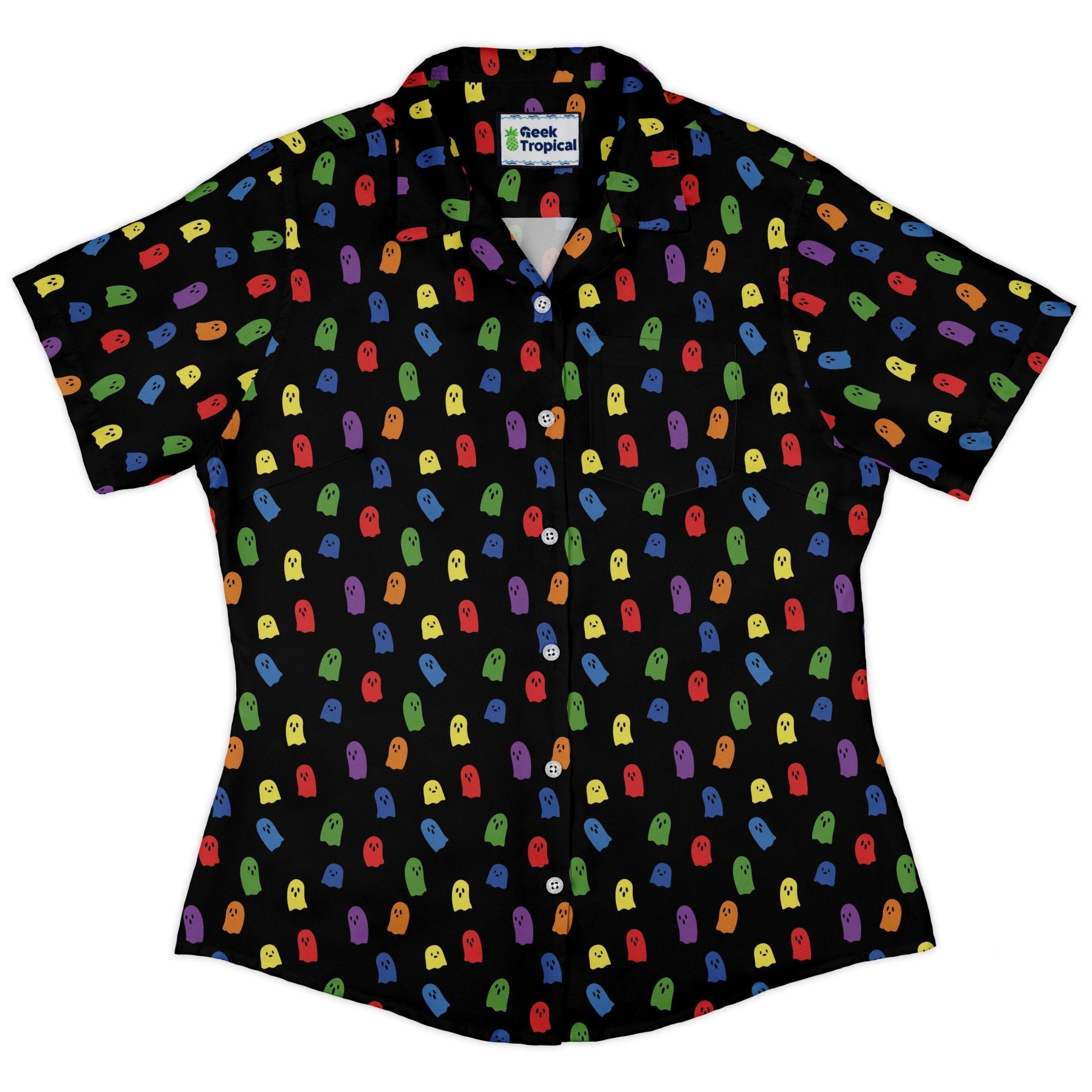 Rainbow Kawaii Ghosts Curvy Button Up Shirt Geek Nerd 0925 All Adult Button Up Shirts Anime