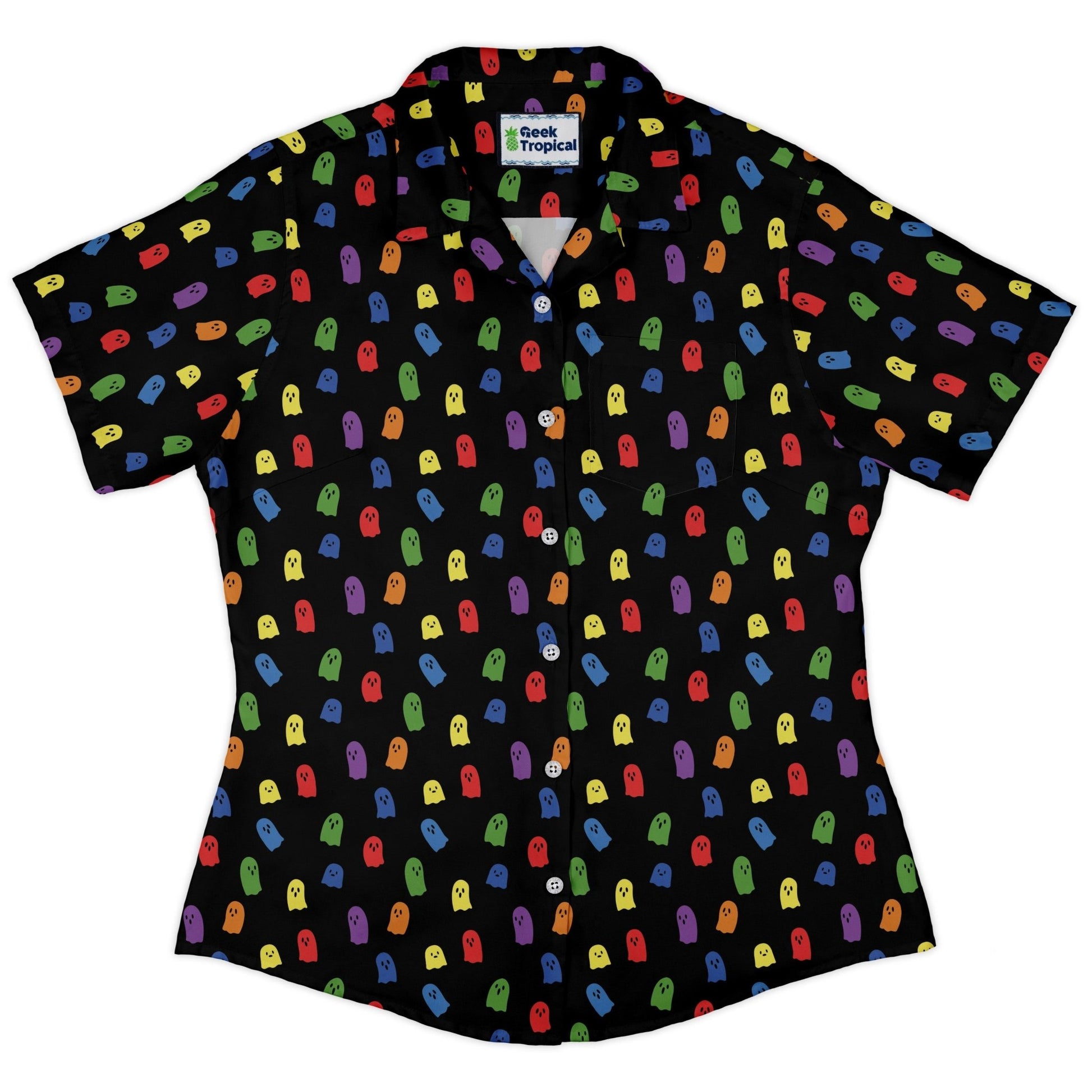 Rainbow Kawaii Ghosts Curvy Button Up Shirt Geek Nerd 0925 All Adult Button Up Shirts Anime