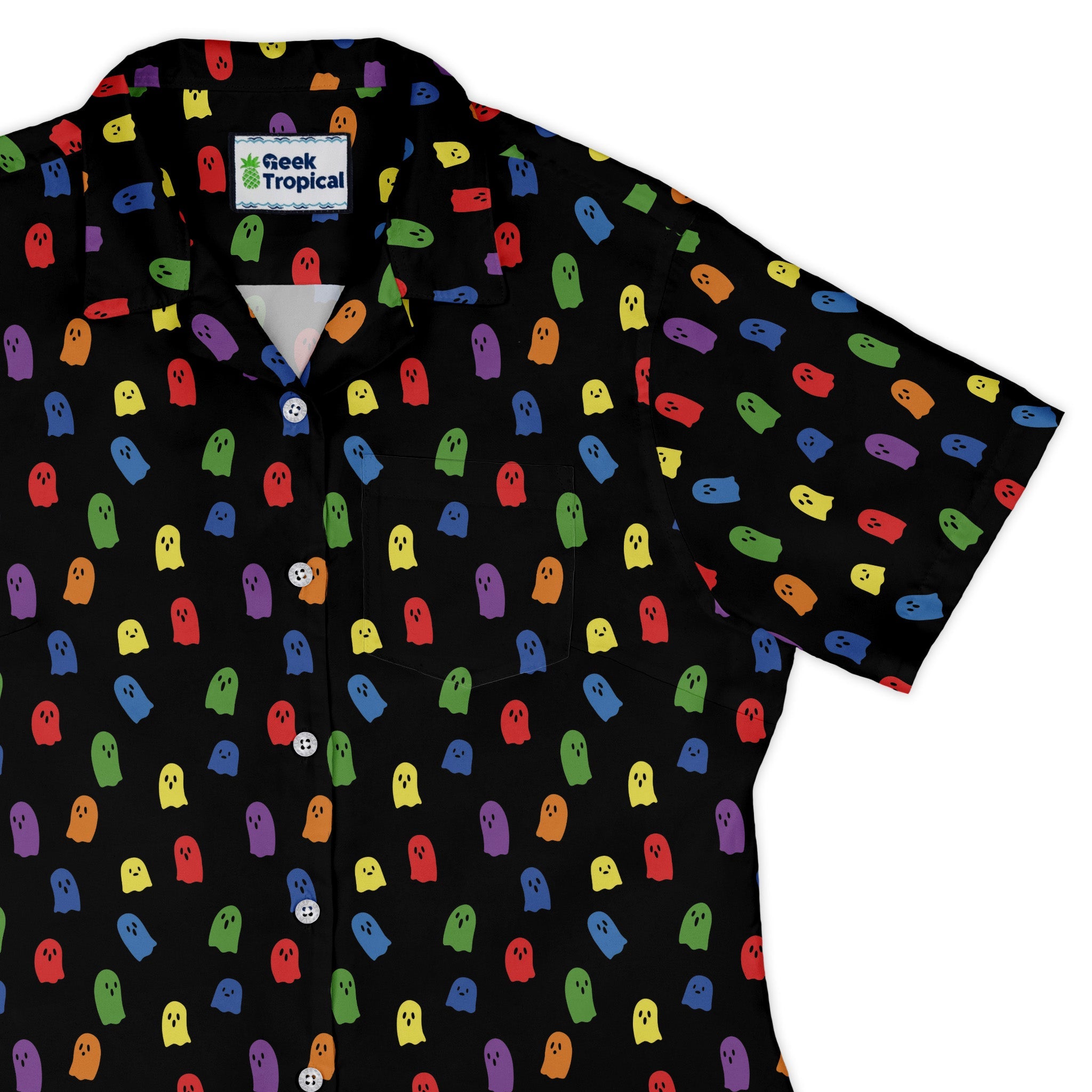Rainbow Kawaii Ghosts Curvy Button Up Shirt Geek Nerd 0925 All Adult Button Up Shirts Anime