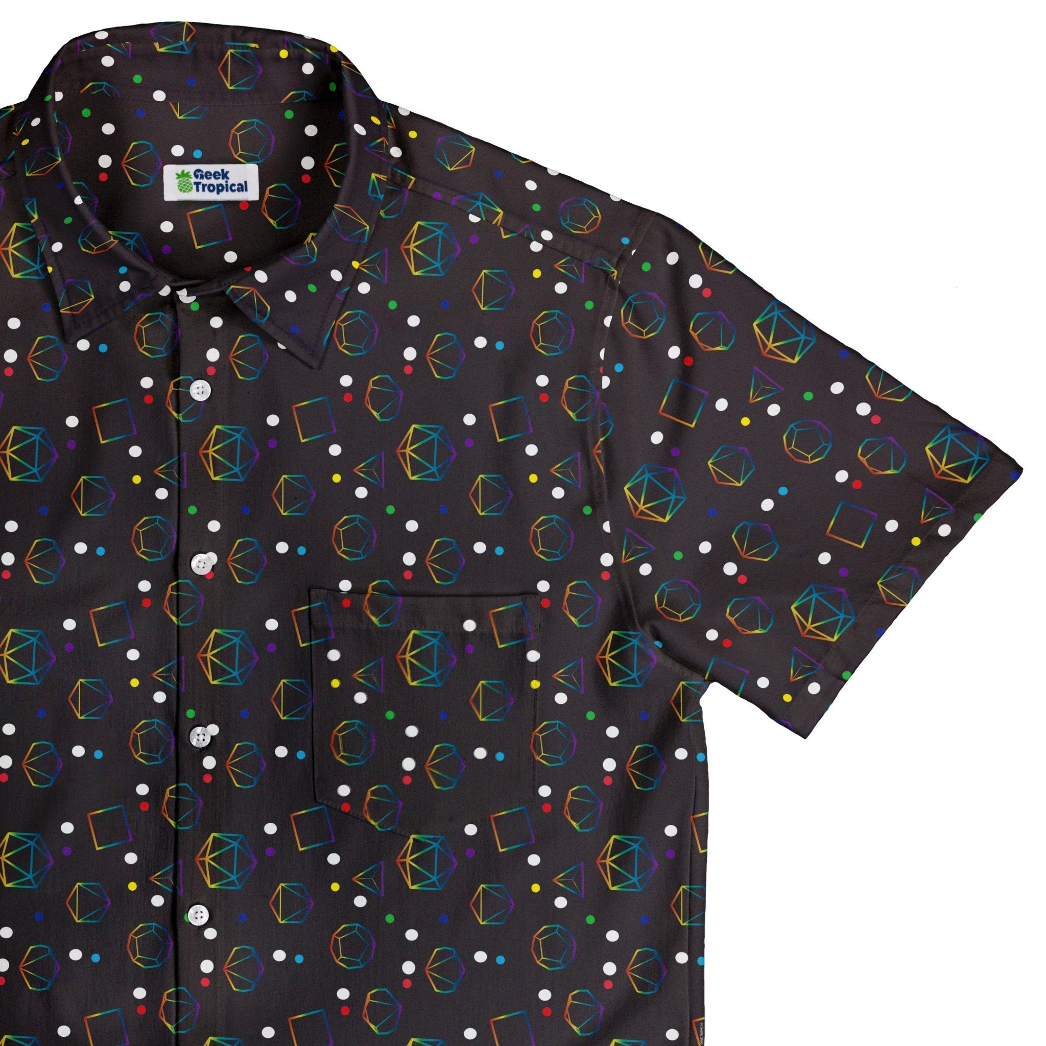 Rainbow LGBTQ+ Pride DND Dice Button Up Shirt - adult sizing - Design by Heather Davenport - dnd & rpg print