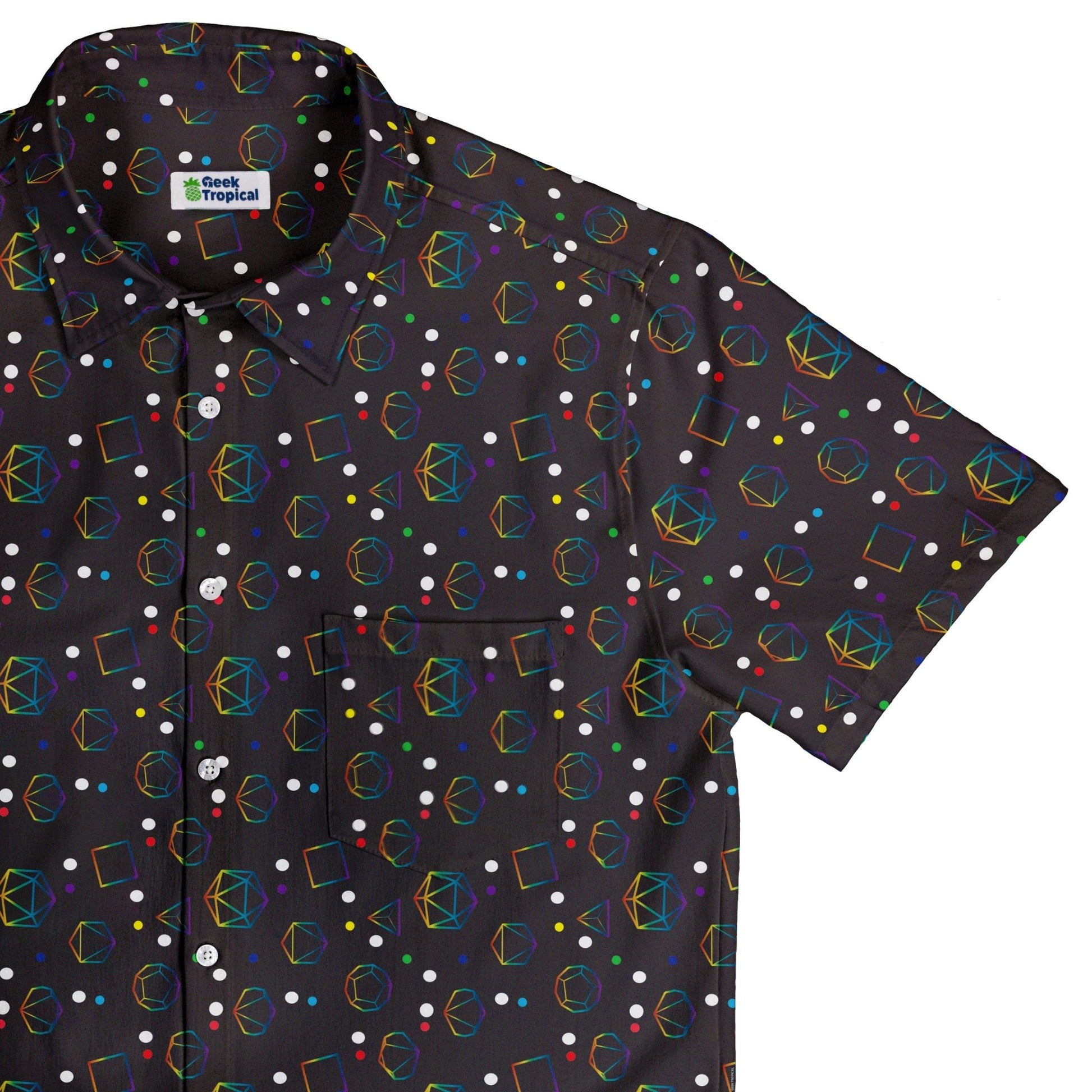 Rainbow LGBTQ+ Pride DND Dice Button Up Shirt - adult sizing - Design by Heather Davenport - dnd & rpg print