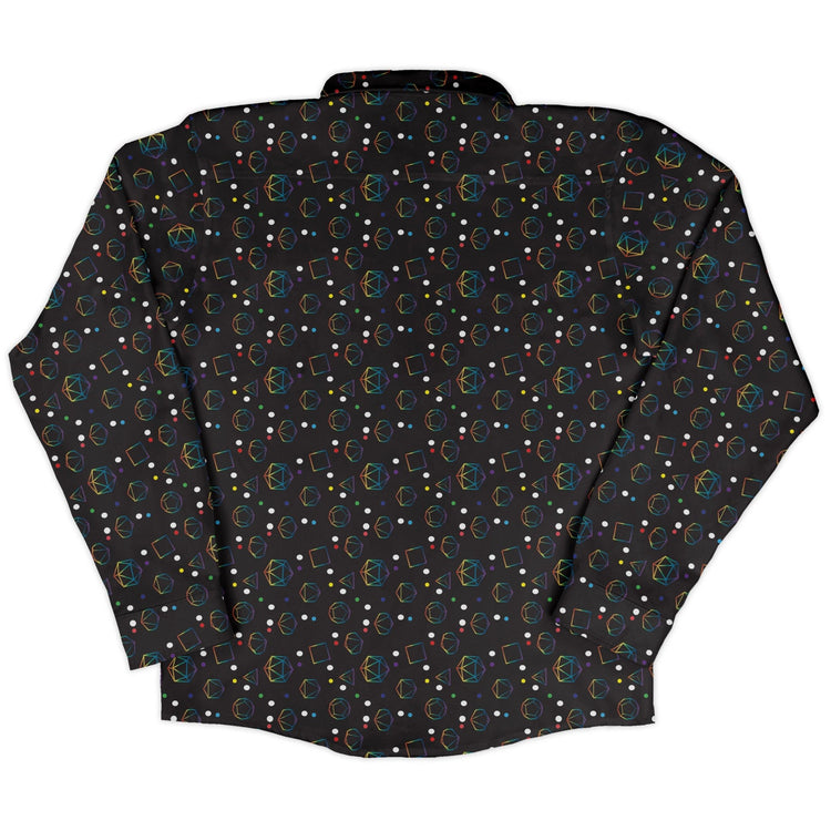 Rainbow LGBTQ+ Pride Dnd Dice Long Sleeve Button Up Shirt Geek Nerd adult sizing Design by Heather Davenport dnd & rpg print