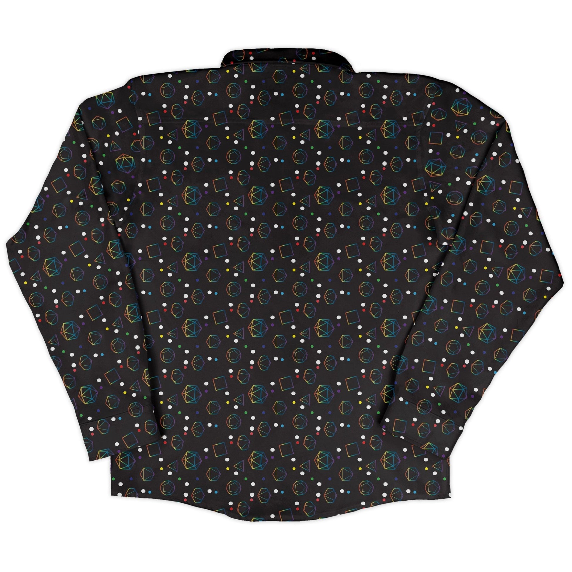 Rainbow LGBTQ+ Pride Dnd Dice Long Sleeve Button Up Shirt Geek Nerd adult sizing Design by Heather Davenport dnd & rpg print